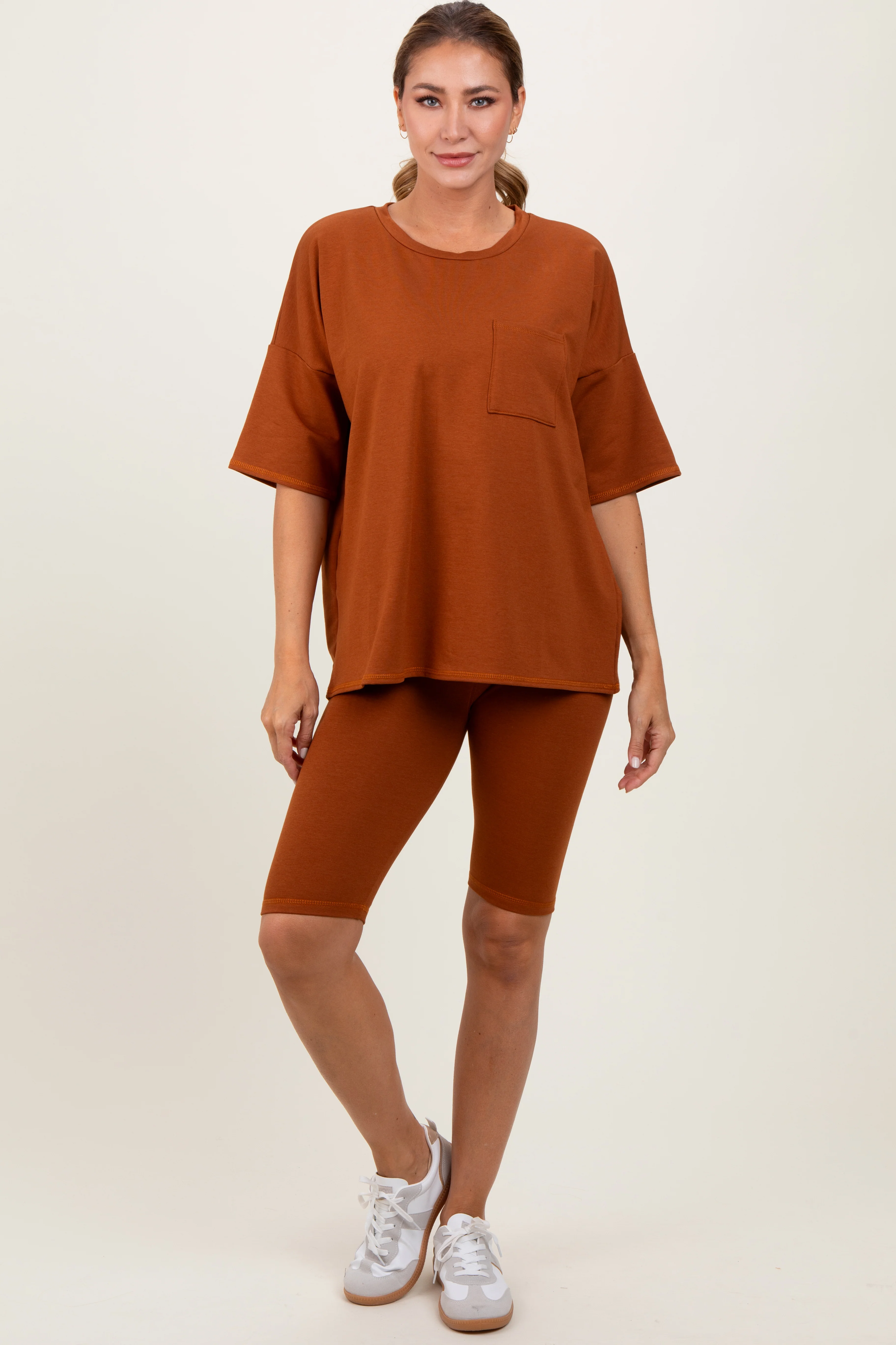 Rust Oversized Short Sleeve Biker Short Maternity Set - Image 7