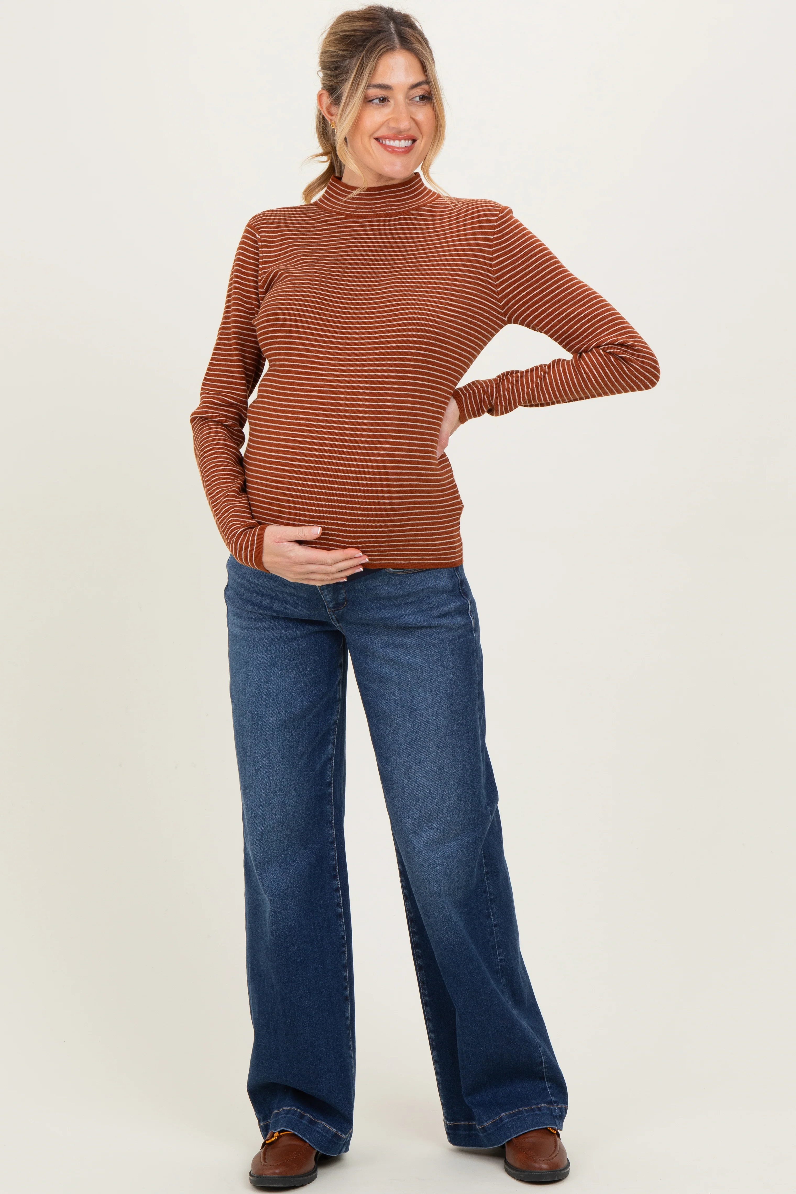 Rust Pinstriped Mock Neck Maternity Knit Top - Image 3