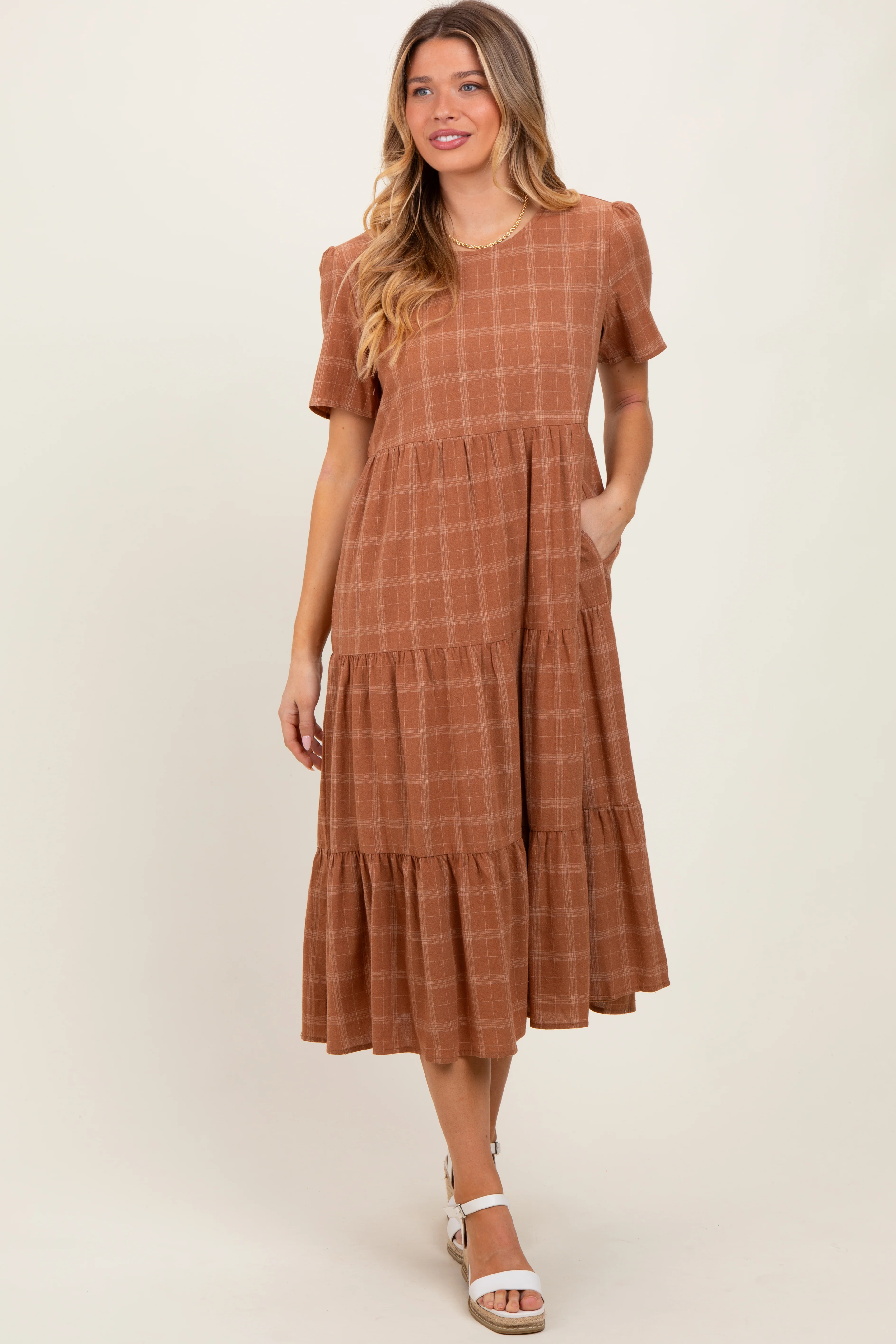 Rust Plaid Tiered Short Sleeve Maternity Dress - Image 4
