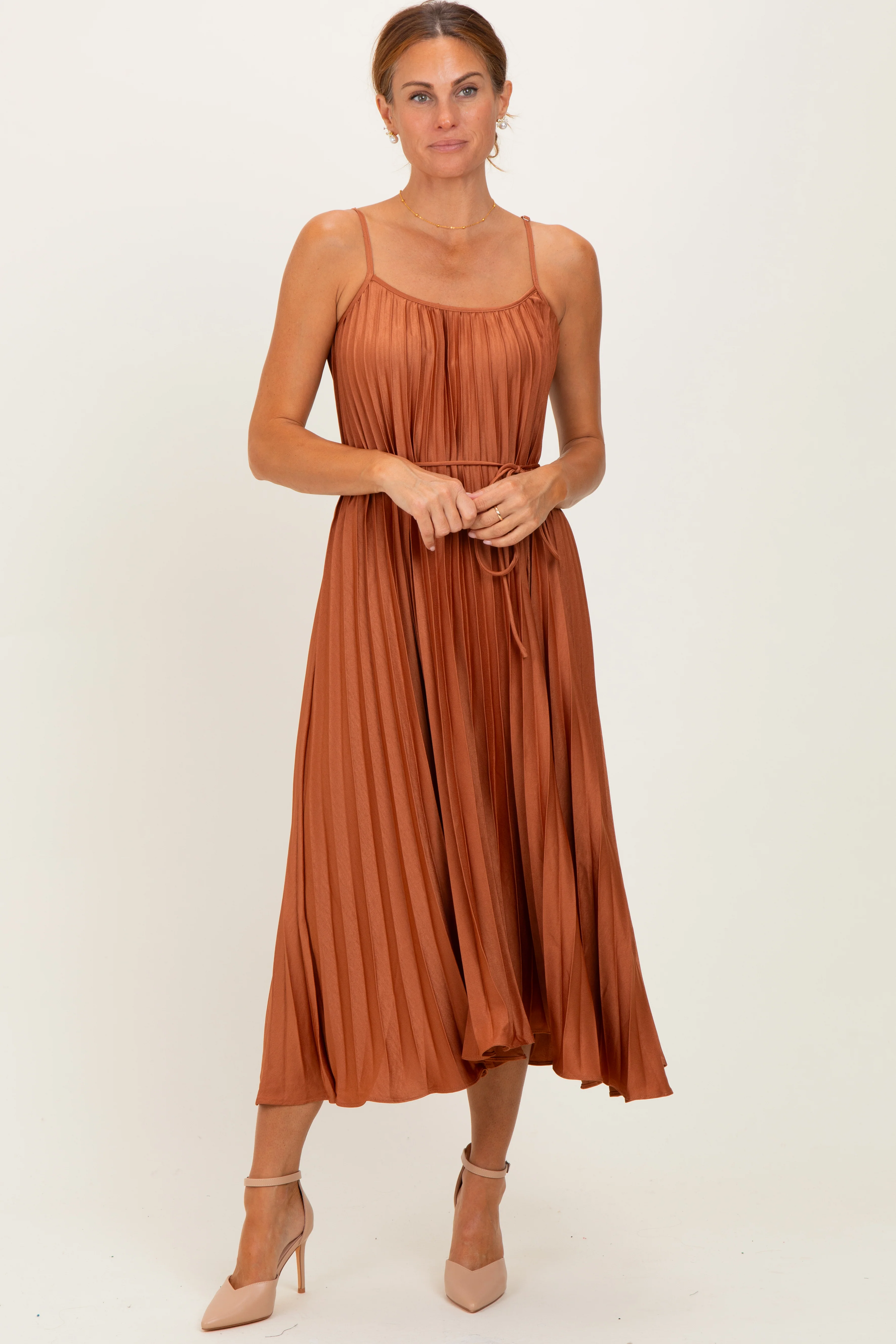 Rust Pleated Sash Tie Maternity Midi Dress - Image 5