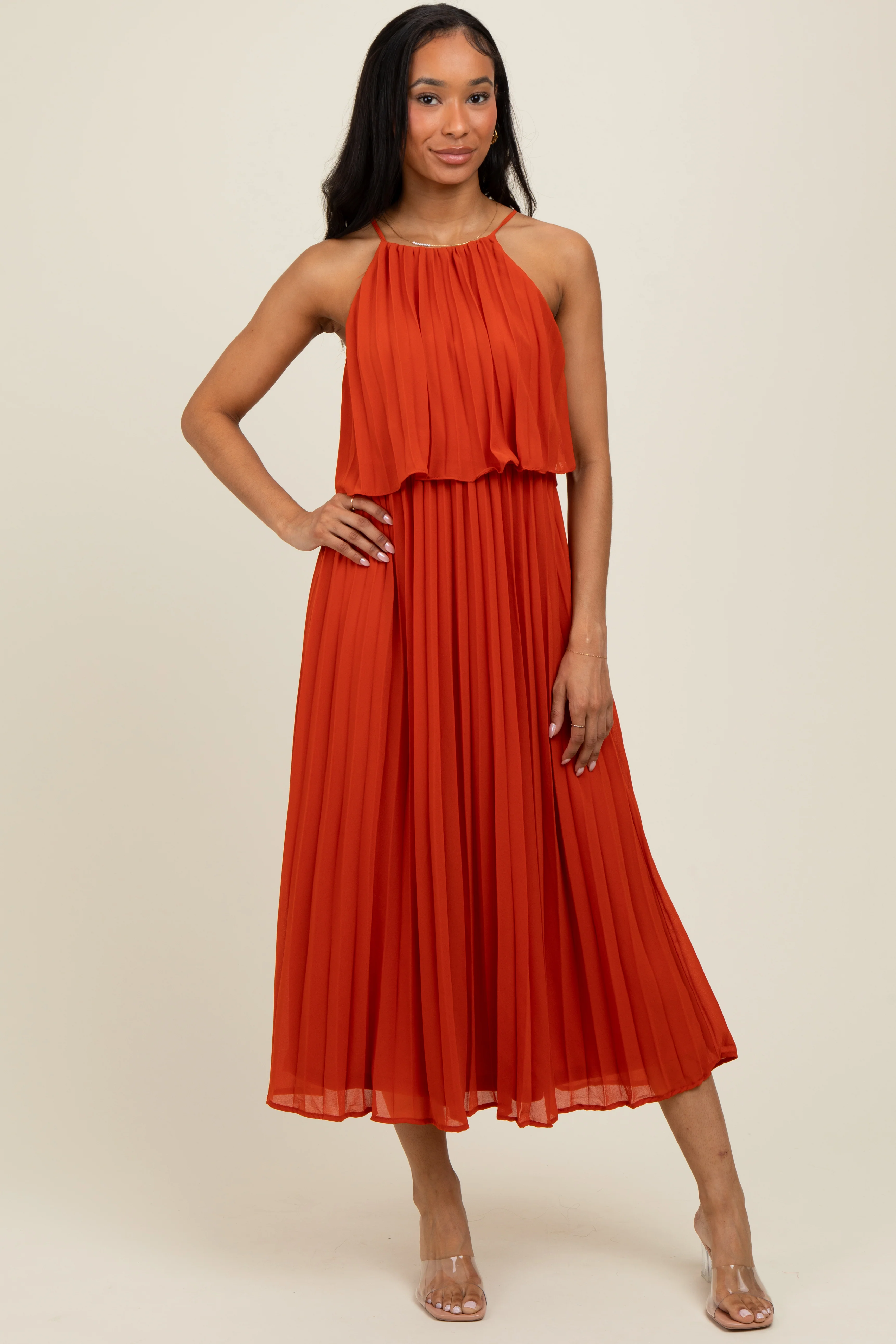 Rust Pleated Woven Maternity Midi Dress - Image 4