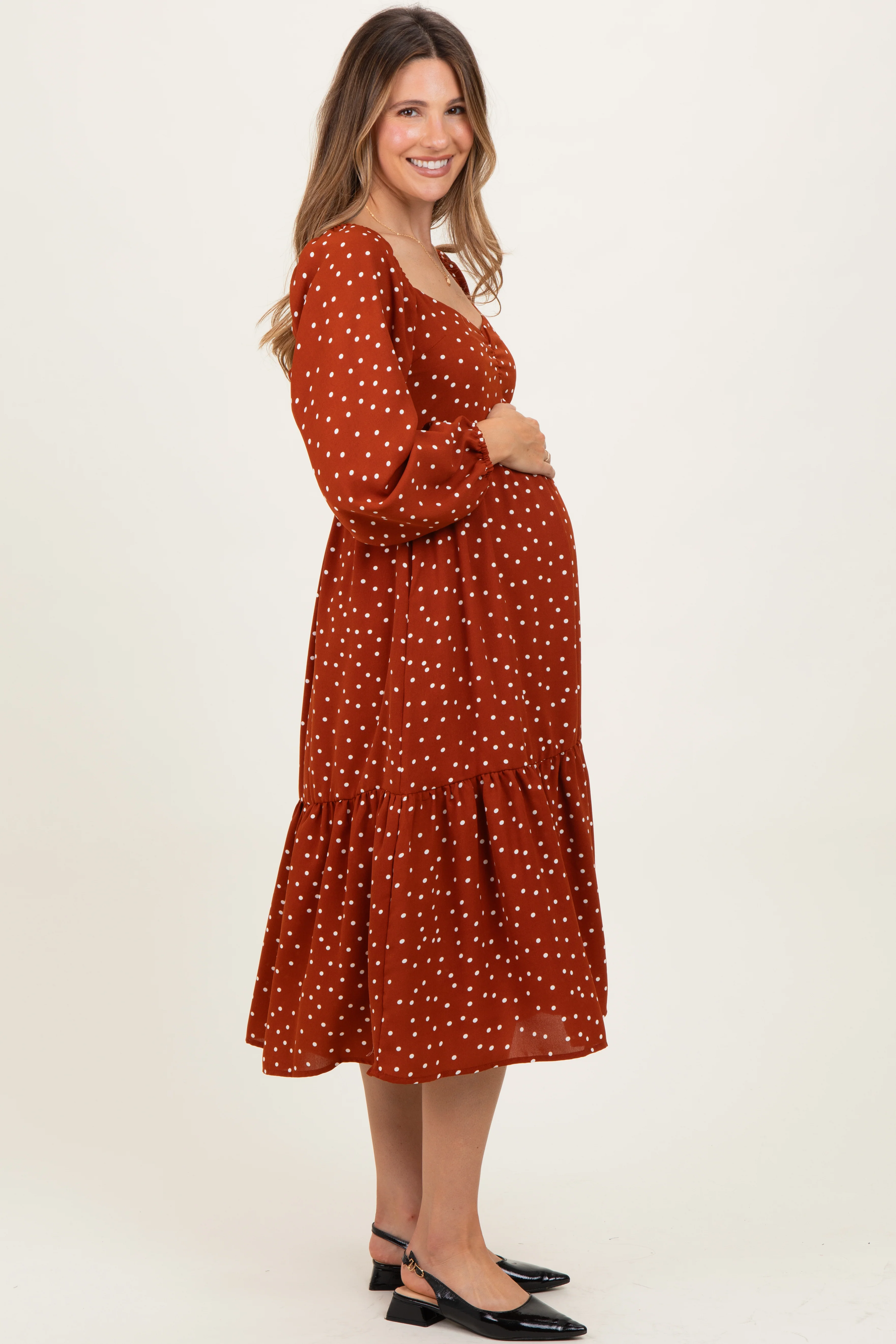 Rust Polka Dots Sweetheart Neck Maternity Midi Dress - Image 3