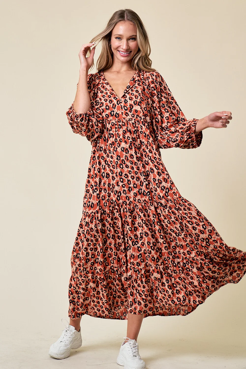 Rust Printed Long Sleeve Tiered Maternity Dress - Image 5