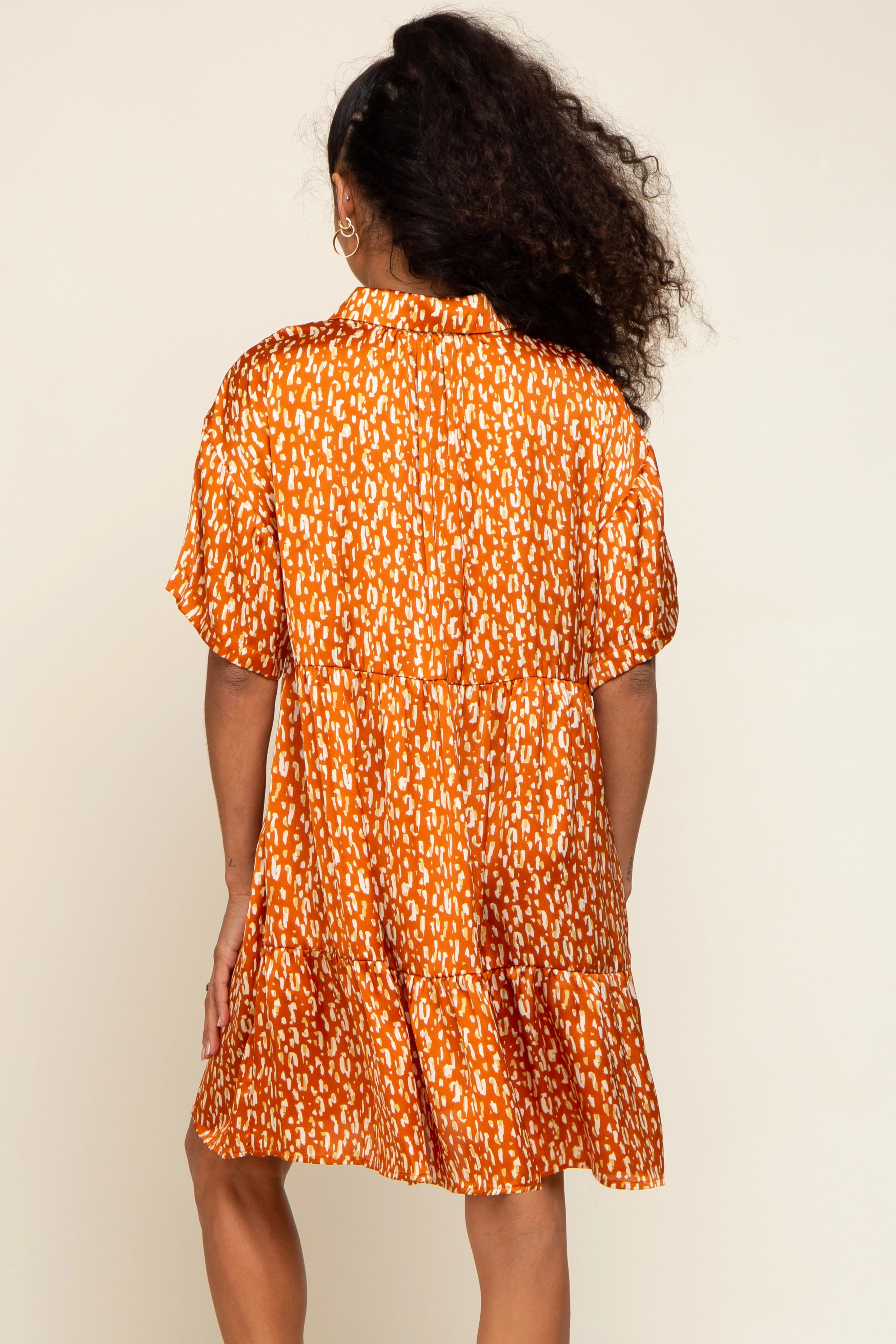 Rust Printed Satin Collared Dress - Image 4