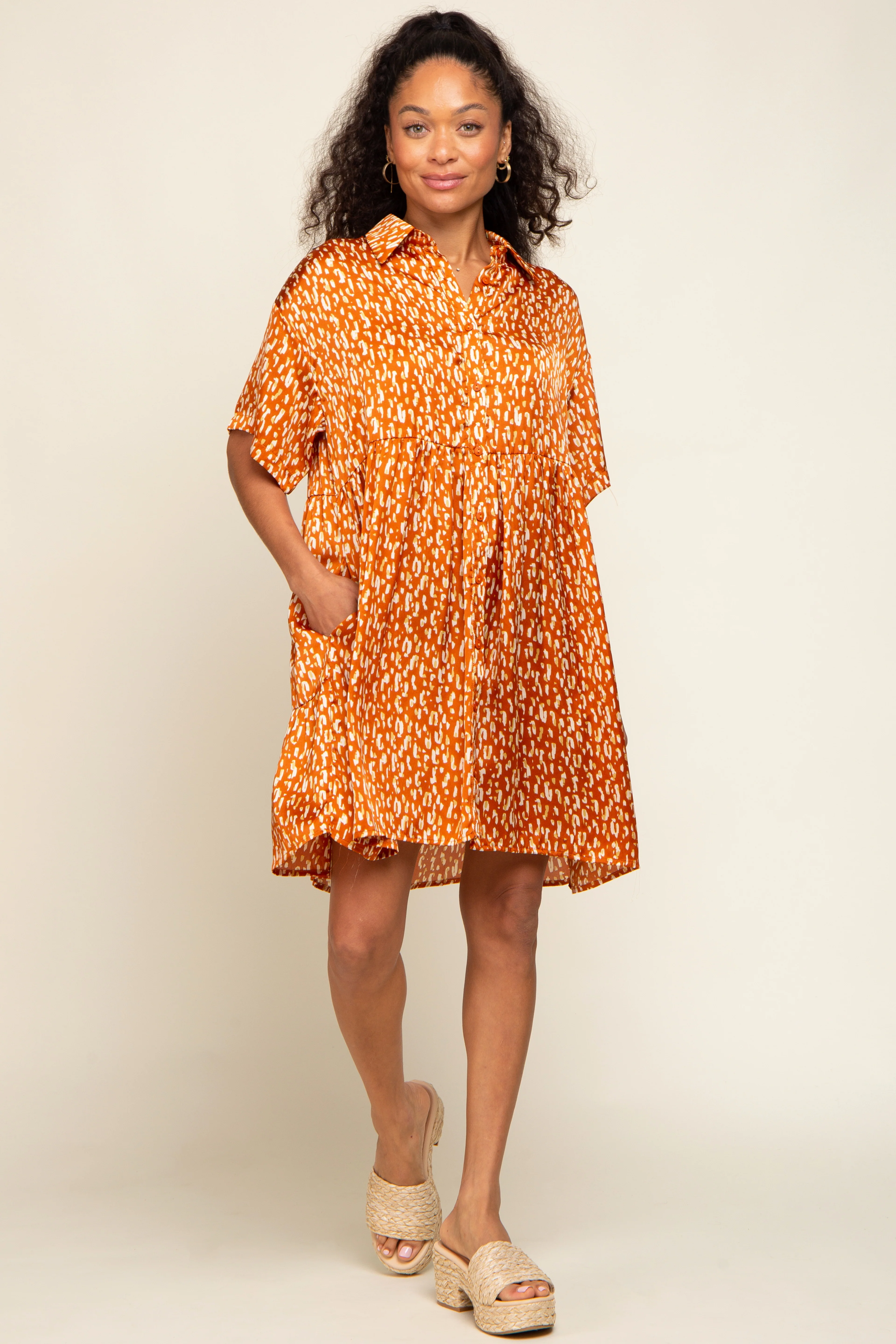 Rust Printed Satin Collared Maternity Dress - Image 4