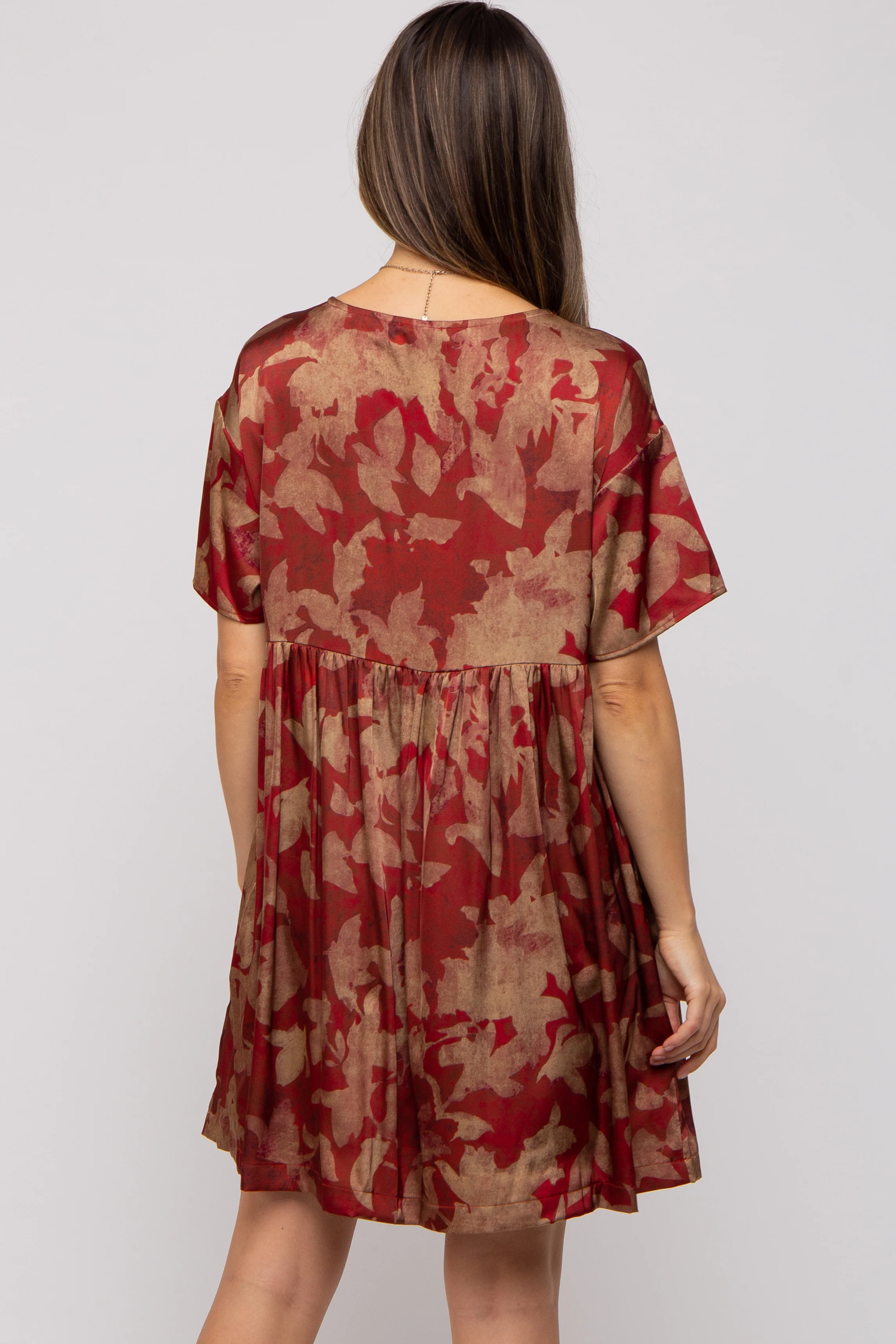 Rust Printed Short Sleeve Pocketed Maternity Dress - Image 4