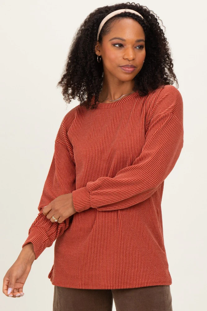 Rust Puff Sleeve Solid Ribbed Maternity Top - Image 4