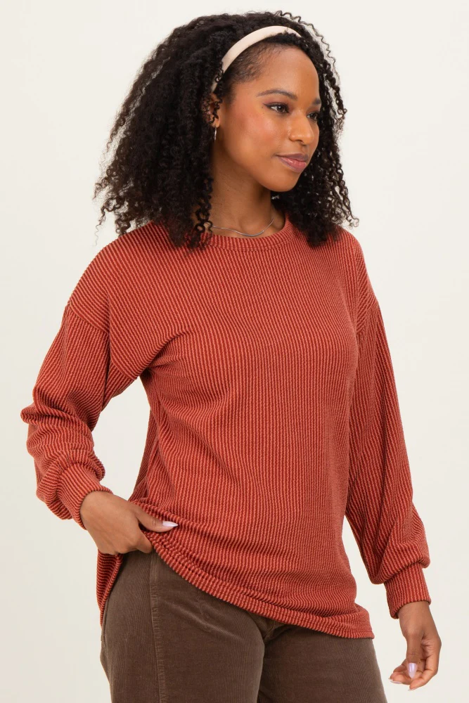 Rust Puff Sleeve Solid Ribbed Top - Image 3