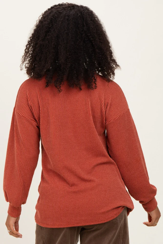 Rust Puff Sleeve Solid Ribbed Top - Image 4