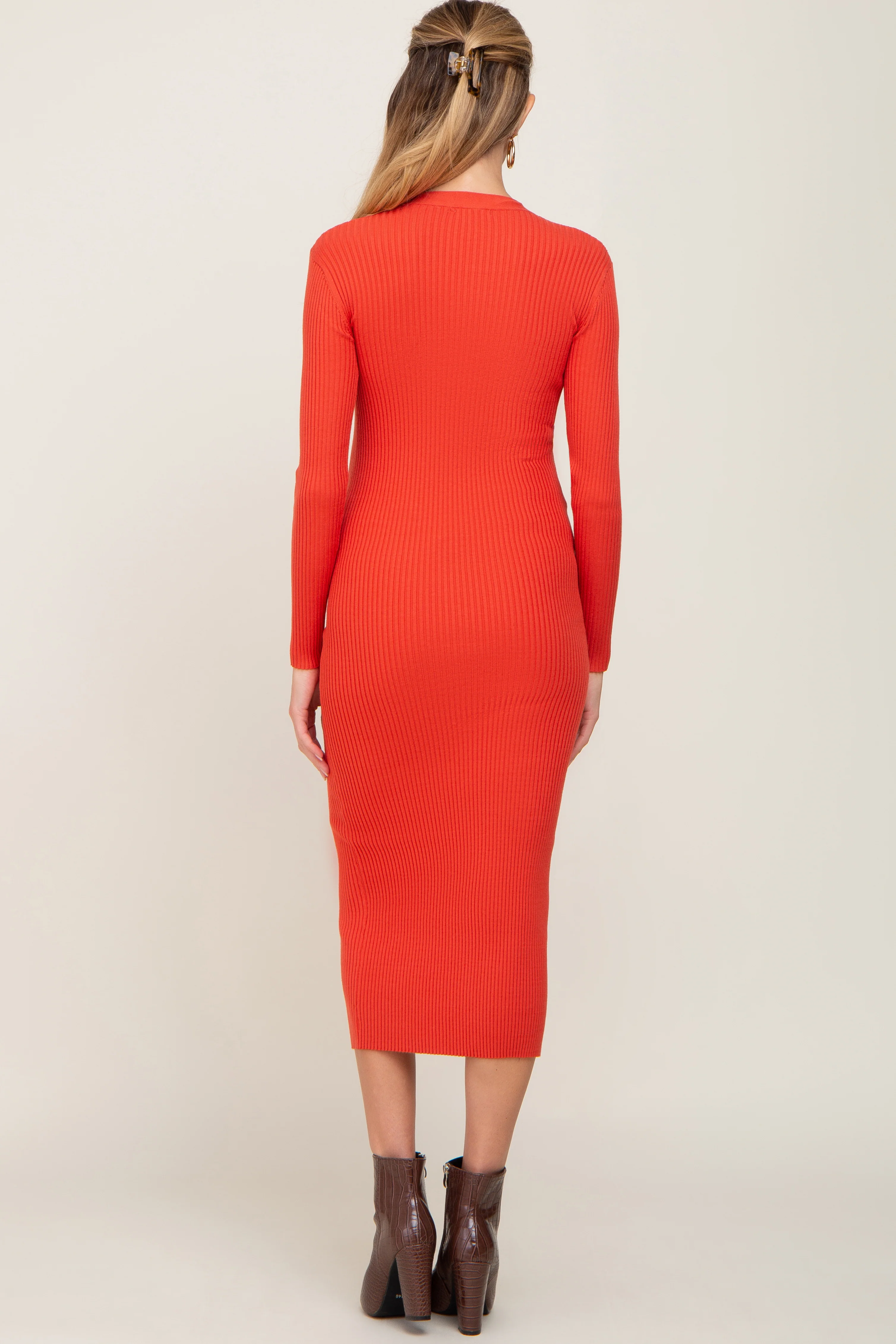 Rust Ribbed Button Front Long Sleeve Maternity Dress - Image 3