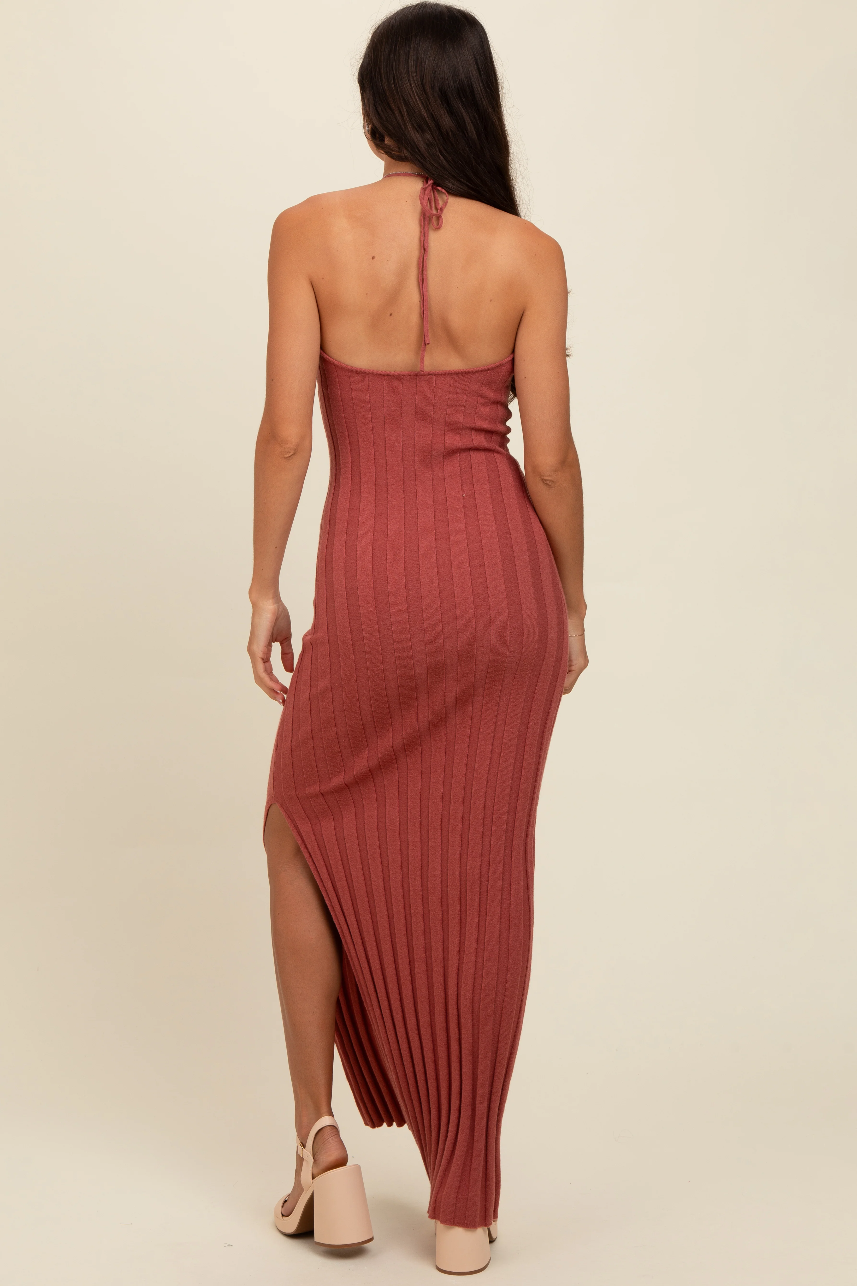 Rust Ribbed Knit Halter Neck Maxi Dress - Image 4