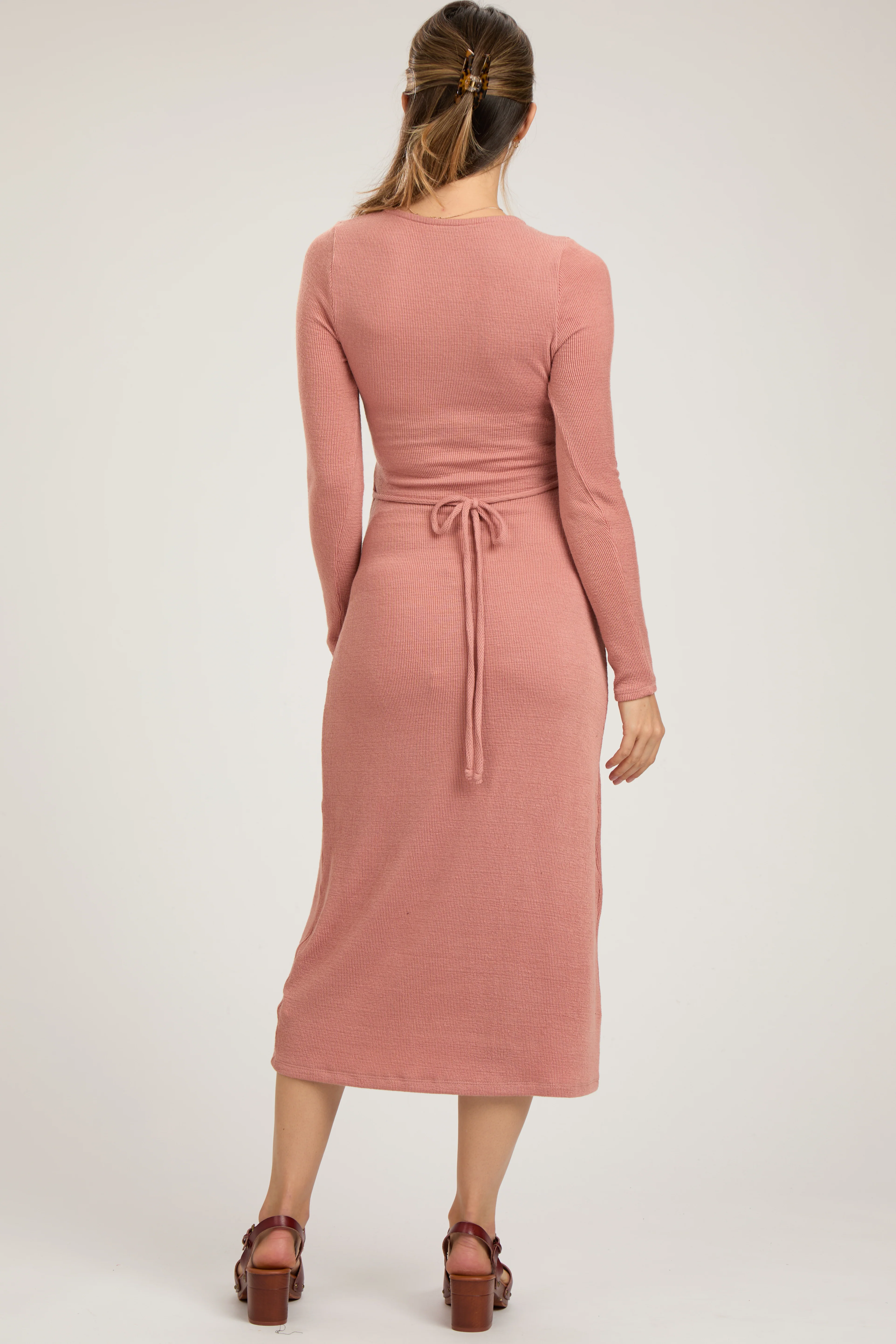 Rust Ribbed Long Sleeve Maternity Wrap Nursing Dress - Image 2