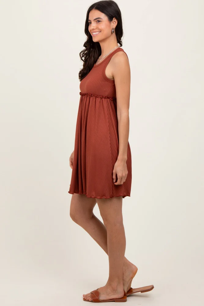 Rust Ribbed Sleeveless Lettuce Trim Mini Dress - Image 3