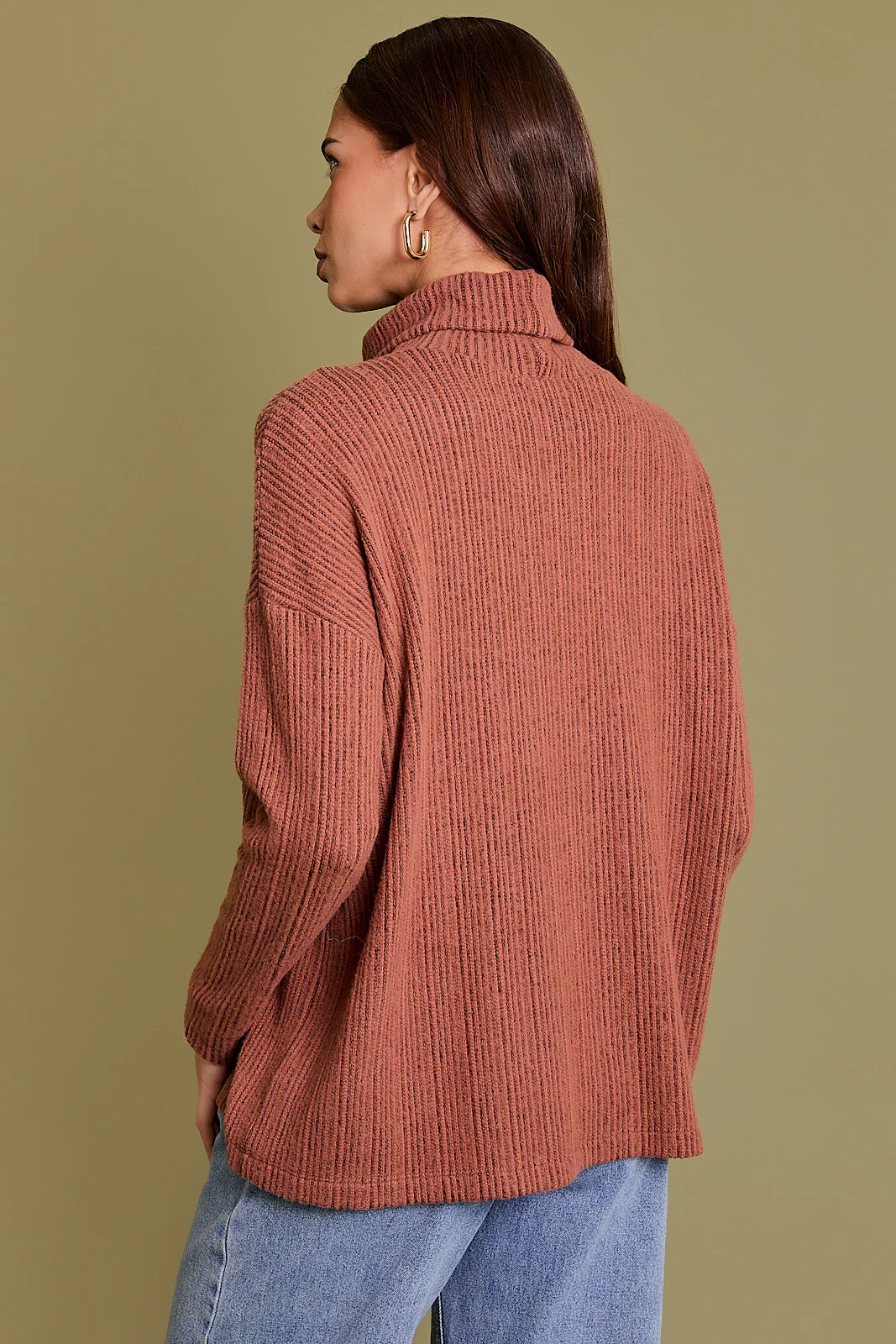 Rust Ribbed Turtle Neck Long Sleeve Top - Image 4