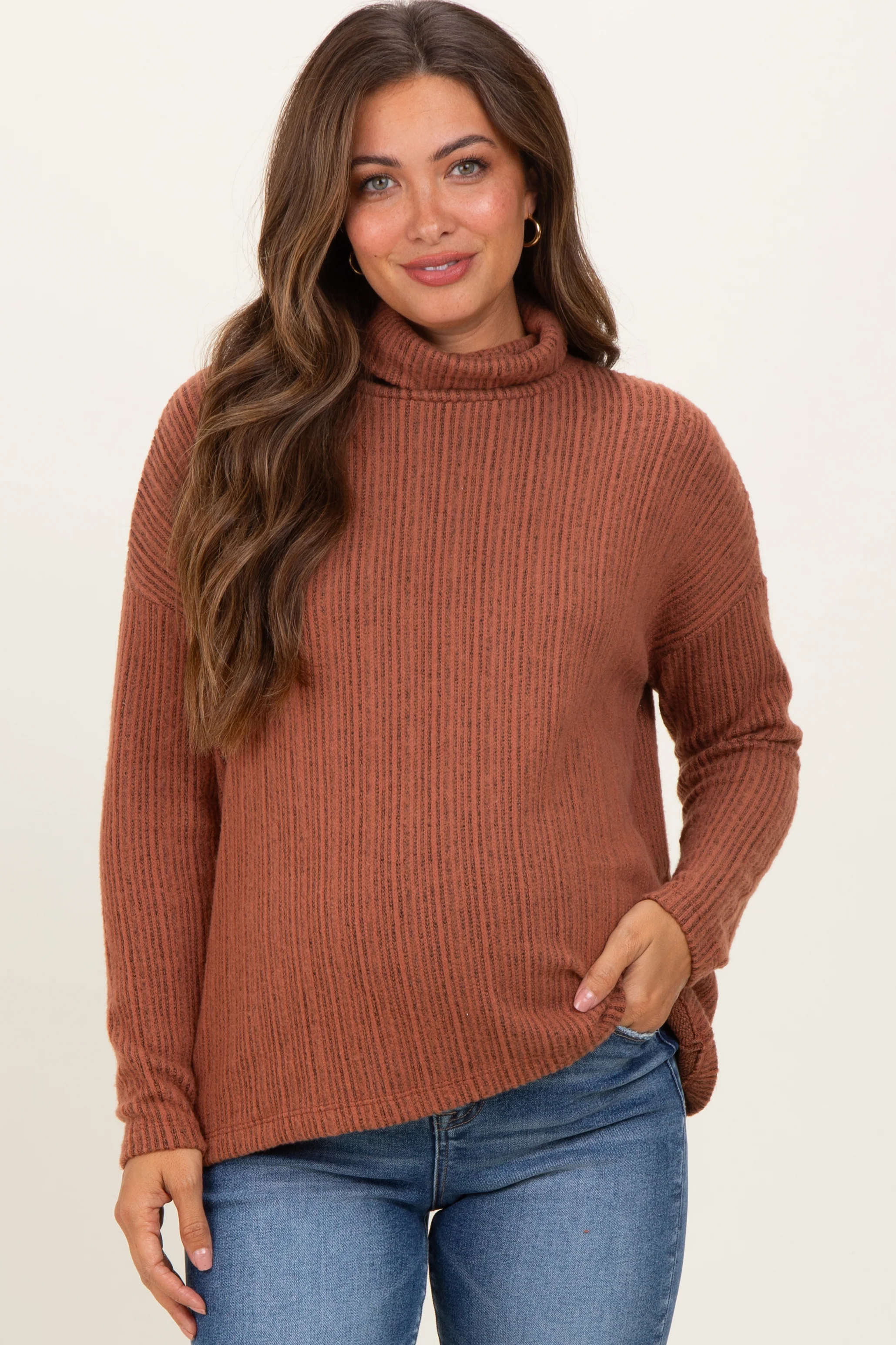 Rust Ribbed Turtle Neck Maternity Long Sleeve Top - Image 2