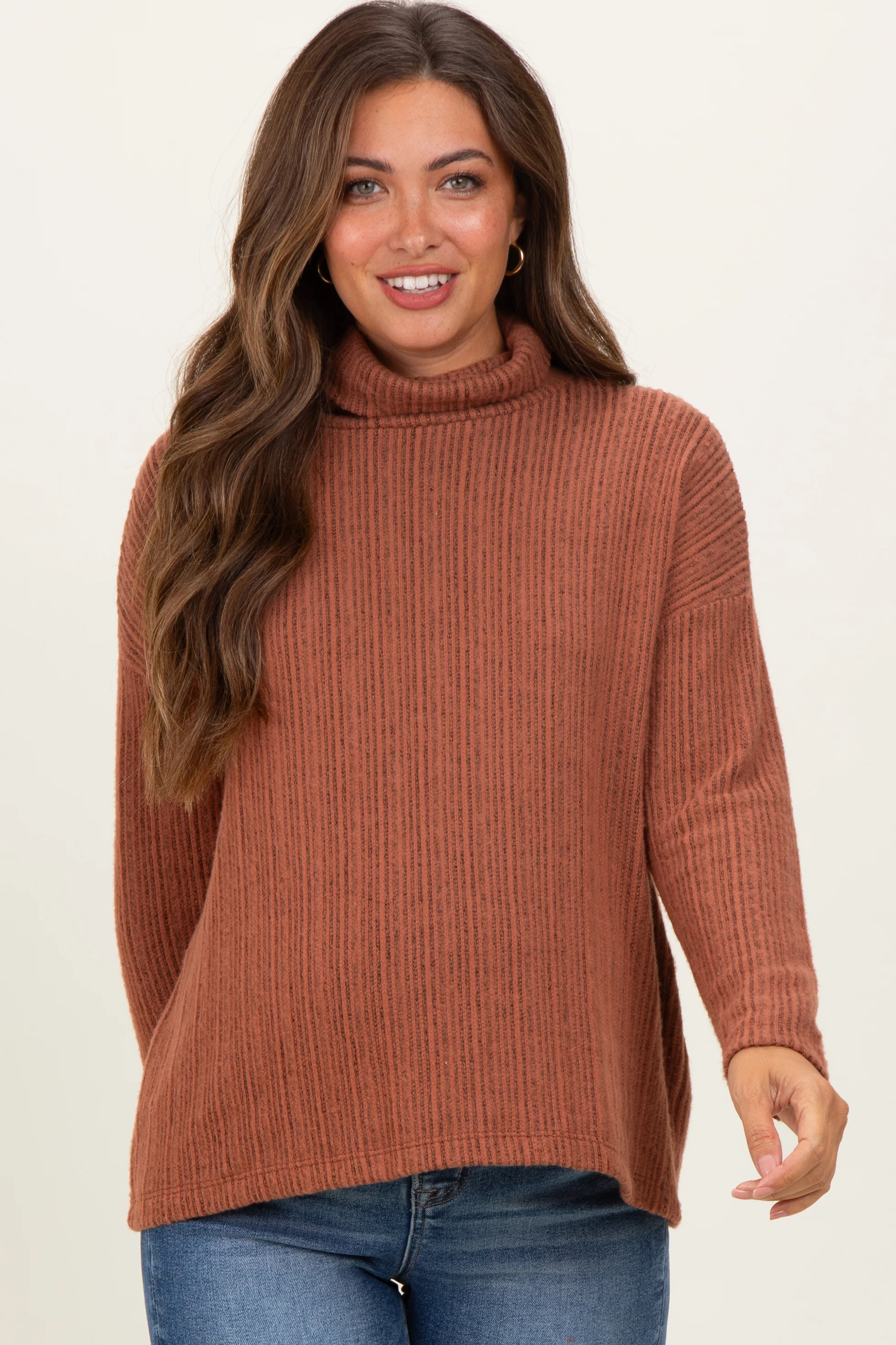 Rust Ribbed Turtle Neck Maternity Long Sleeve Top - Image 4