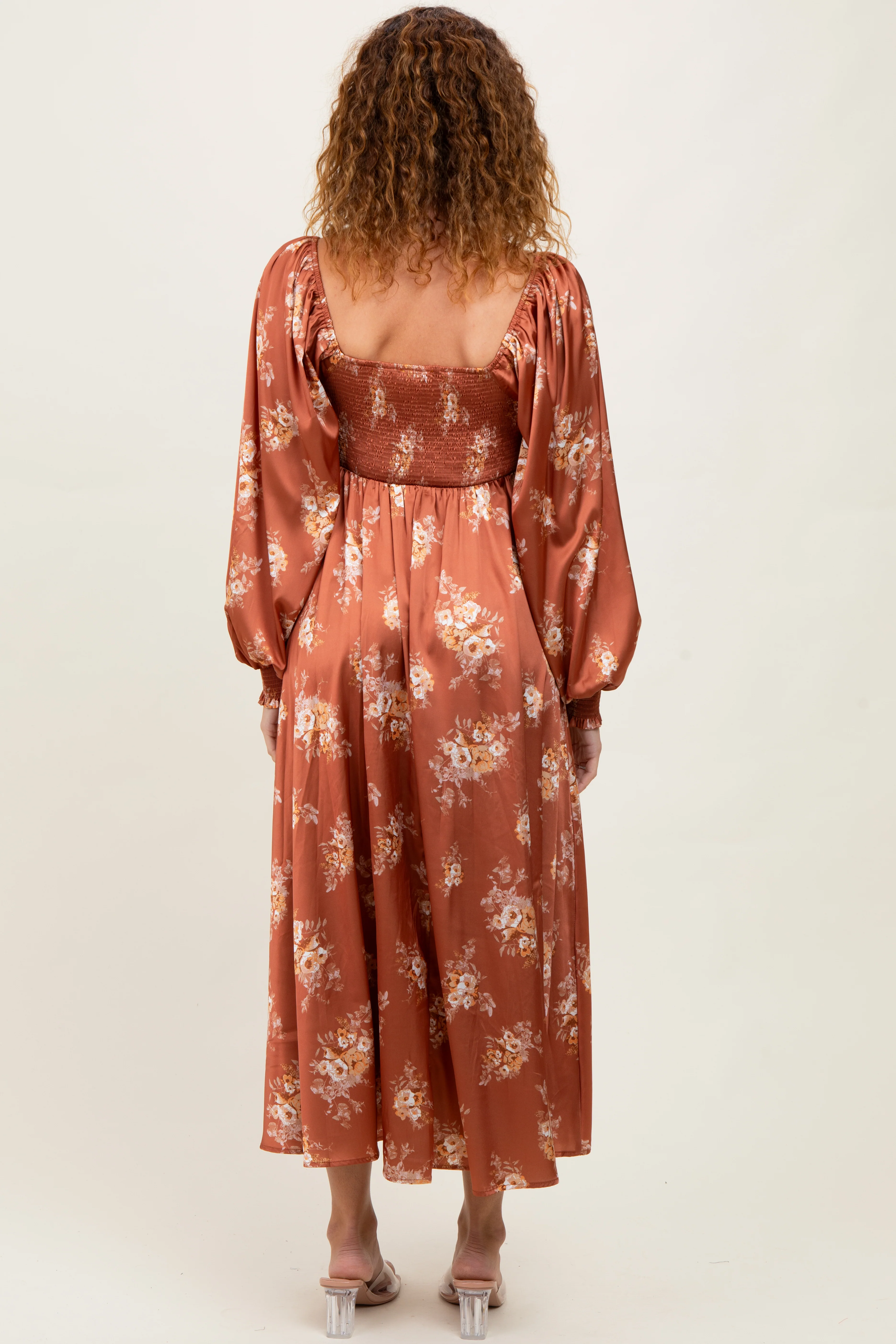 Rust Satin Floral Bubble Sleeve Midi Dress - Image 4