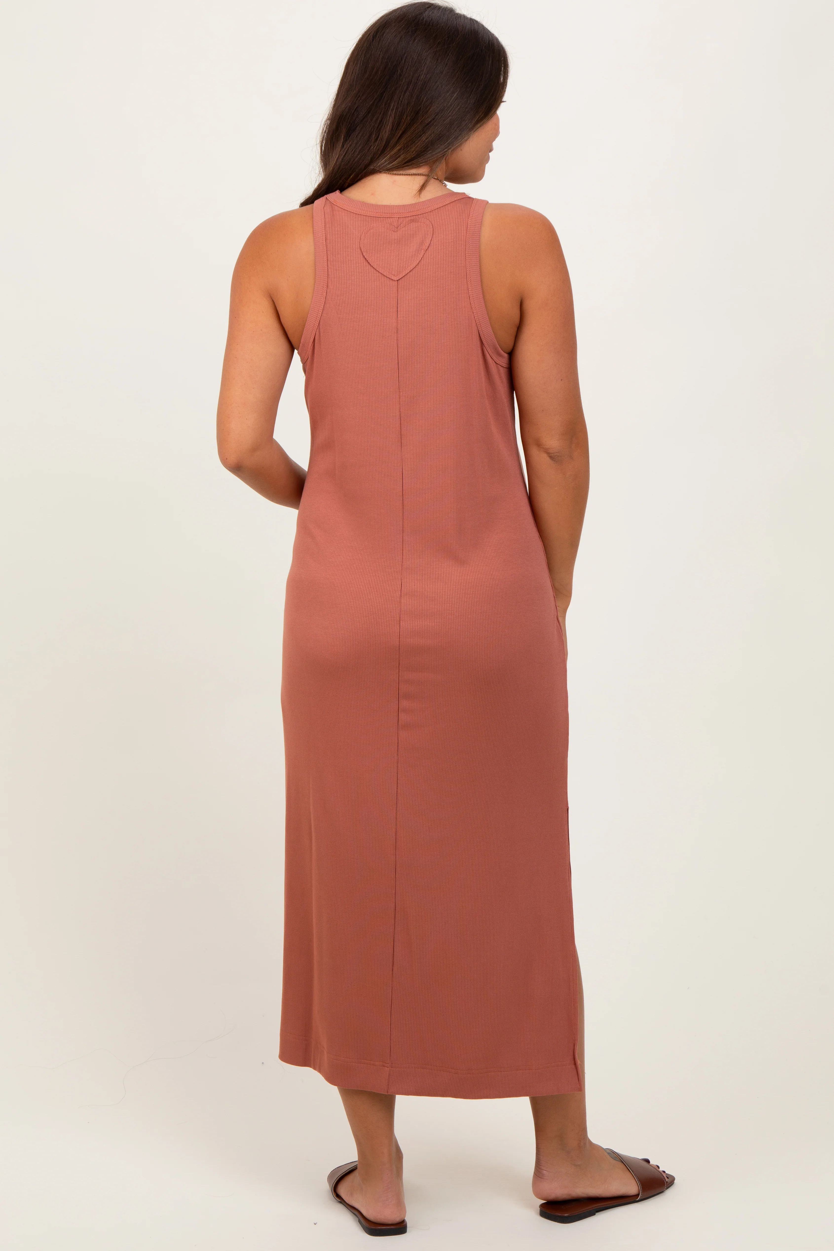 Rust Sleeveless Side Slit Maternity Midi Dress - Image 4