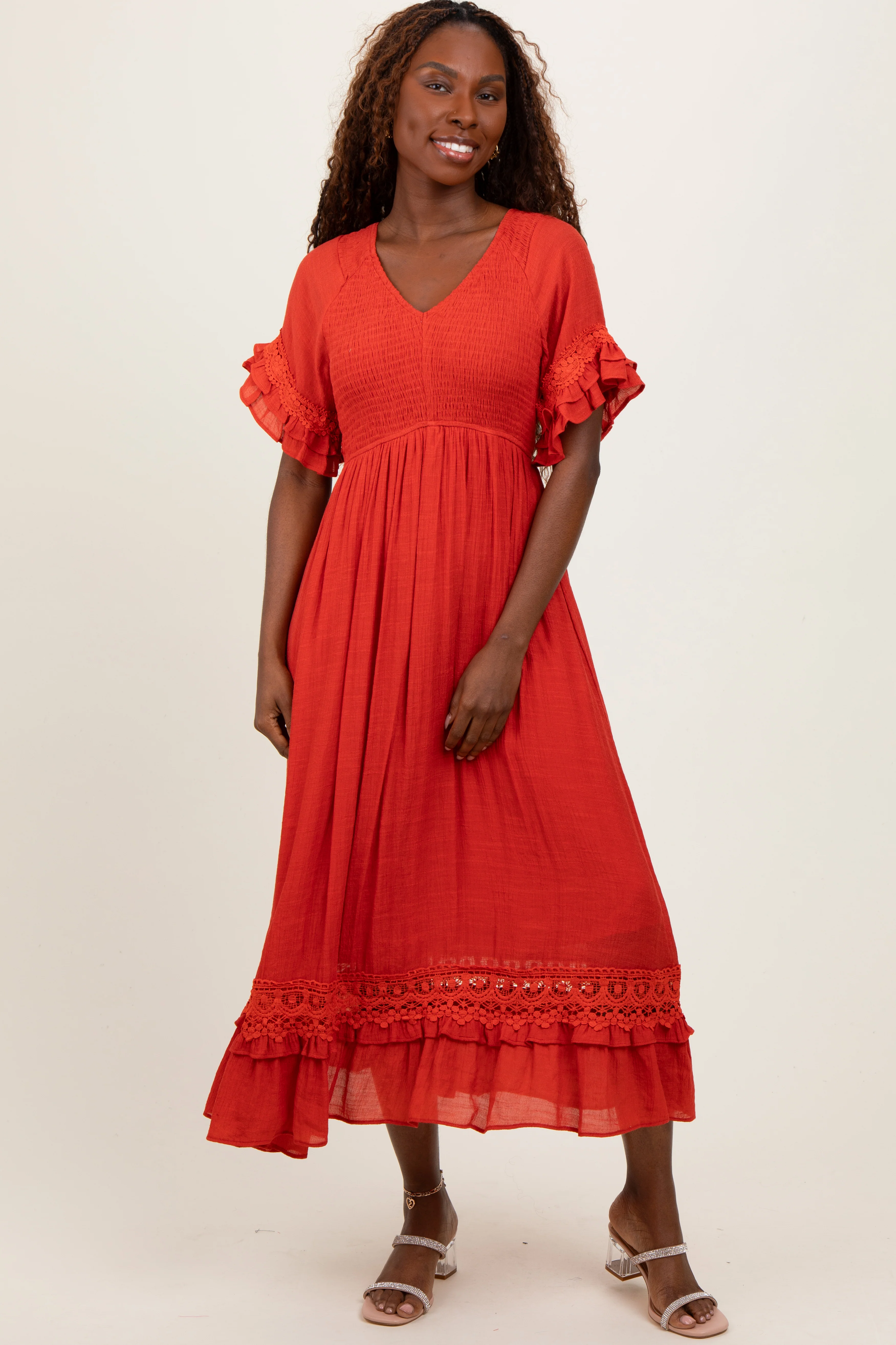 Rust Smocked Crochet Ruffle Trim Maternity Midi Dress - Image 4