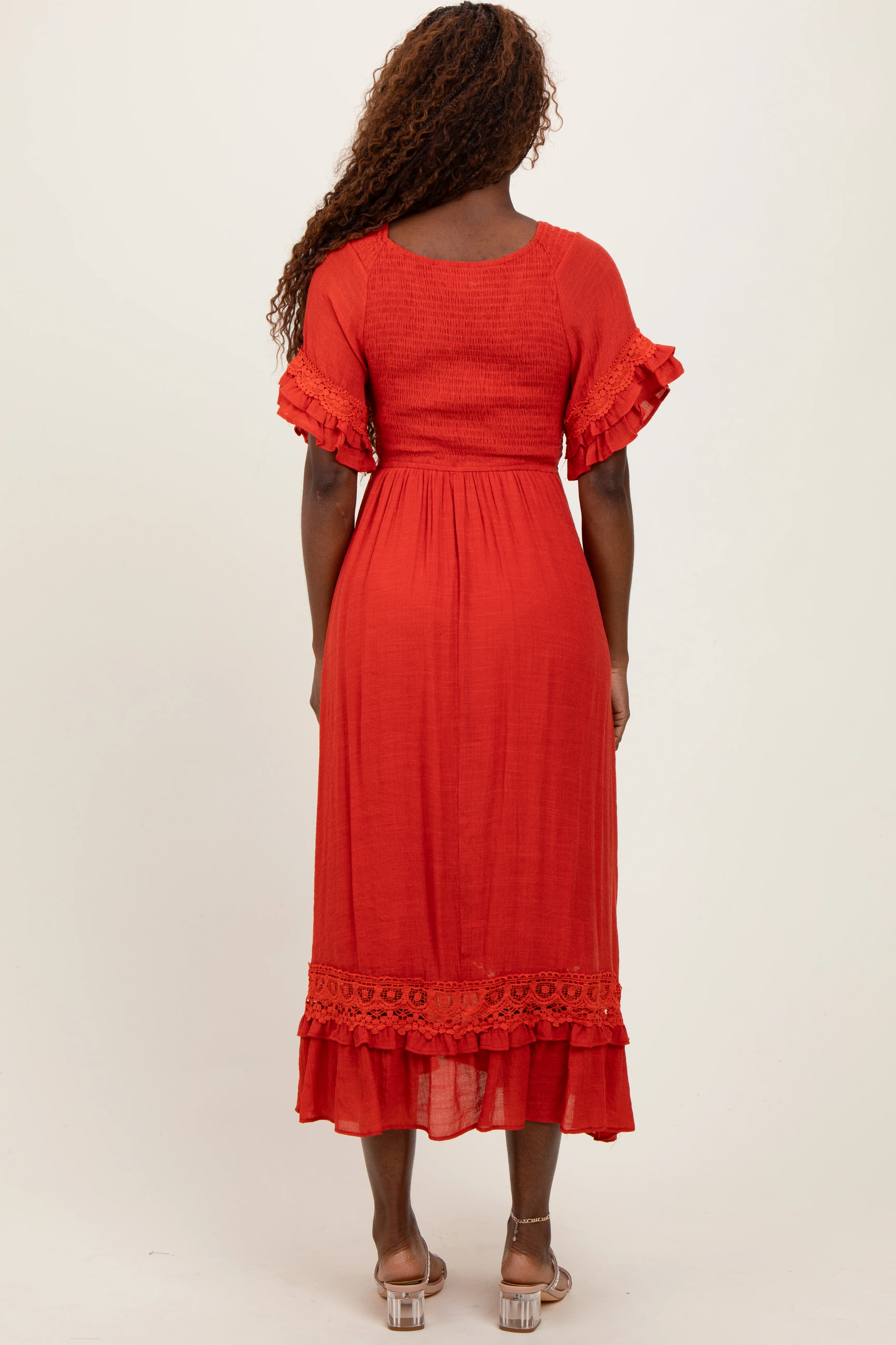 Rust Smocked Crochet Ruffle Trim Midi Dress - Image 4