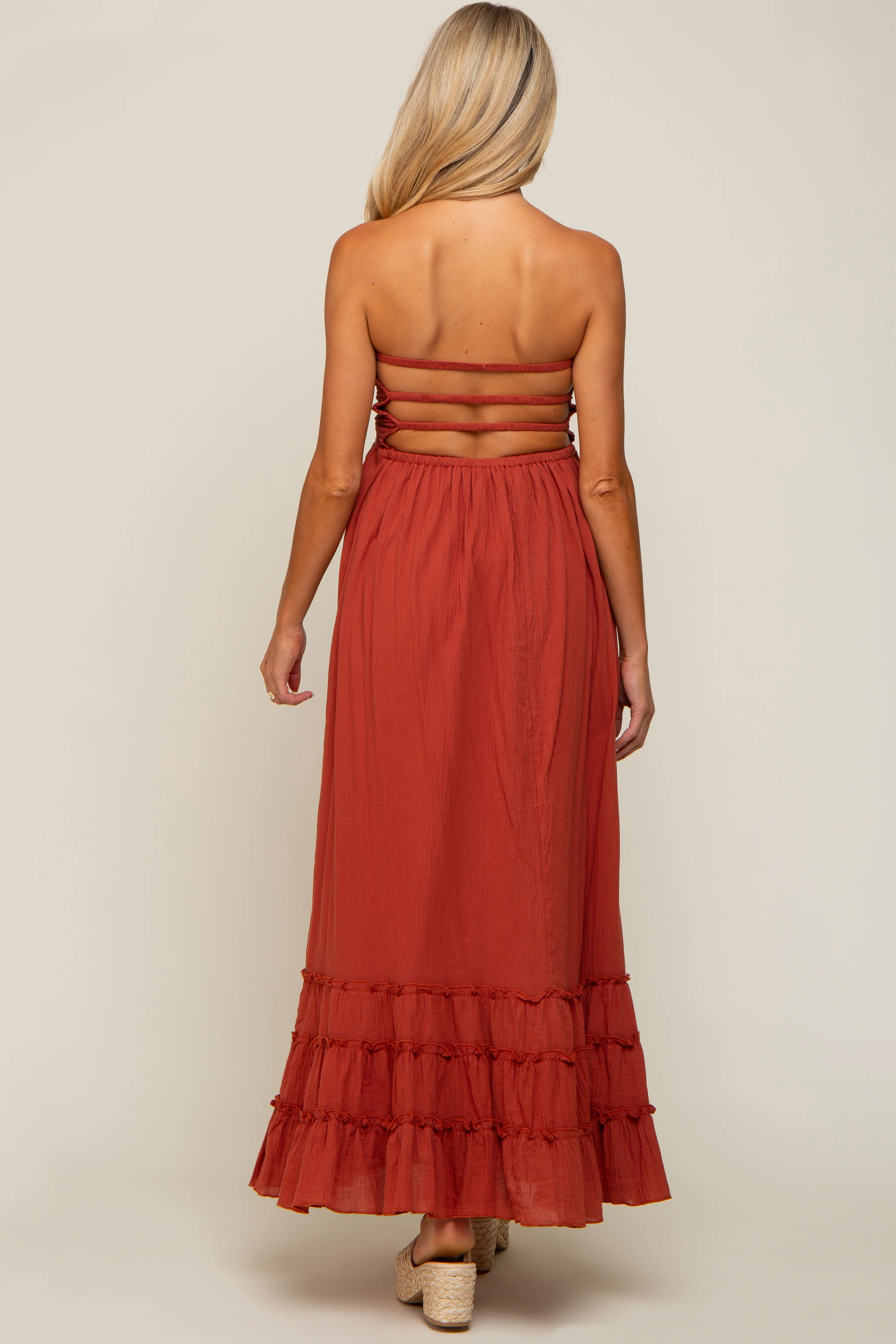 Rust Smocked Cutout Back Maternity Maxi Dress - Image 3