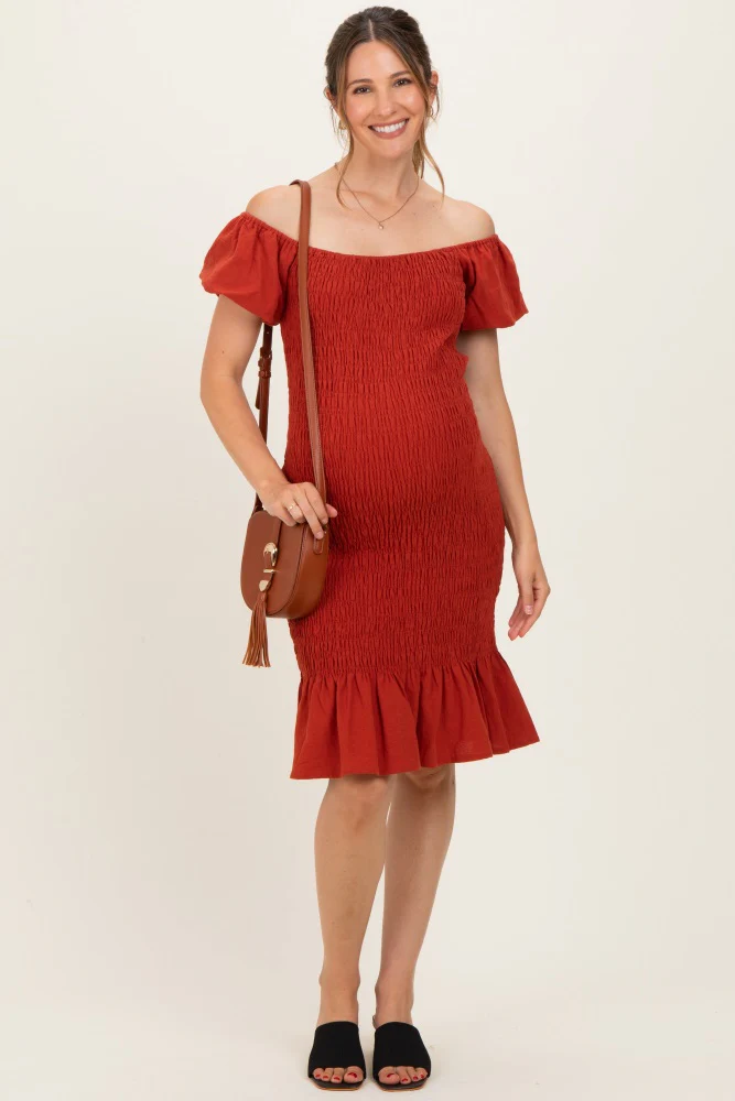 Rust Smocked Off Shoulder Ruffle Hem Maternity Dress - Image 3