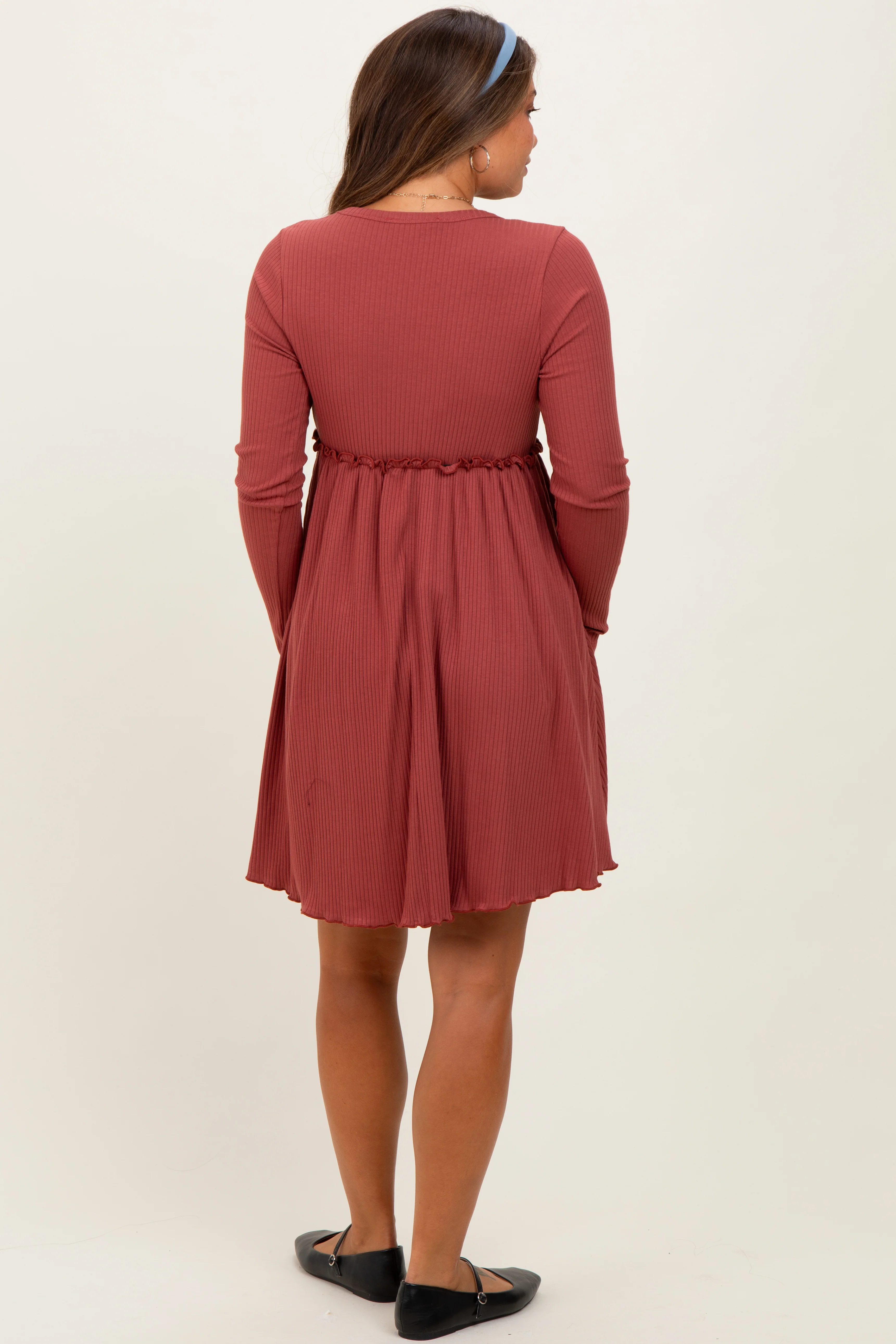 Rust Solid Ribbed Long Sleeve Crewneck Shirring Maternity Mini Dress - Image 4