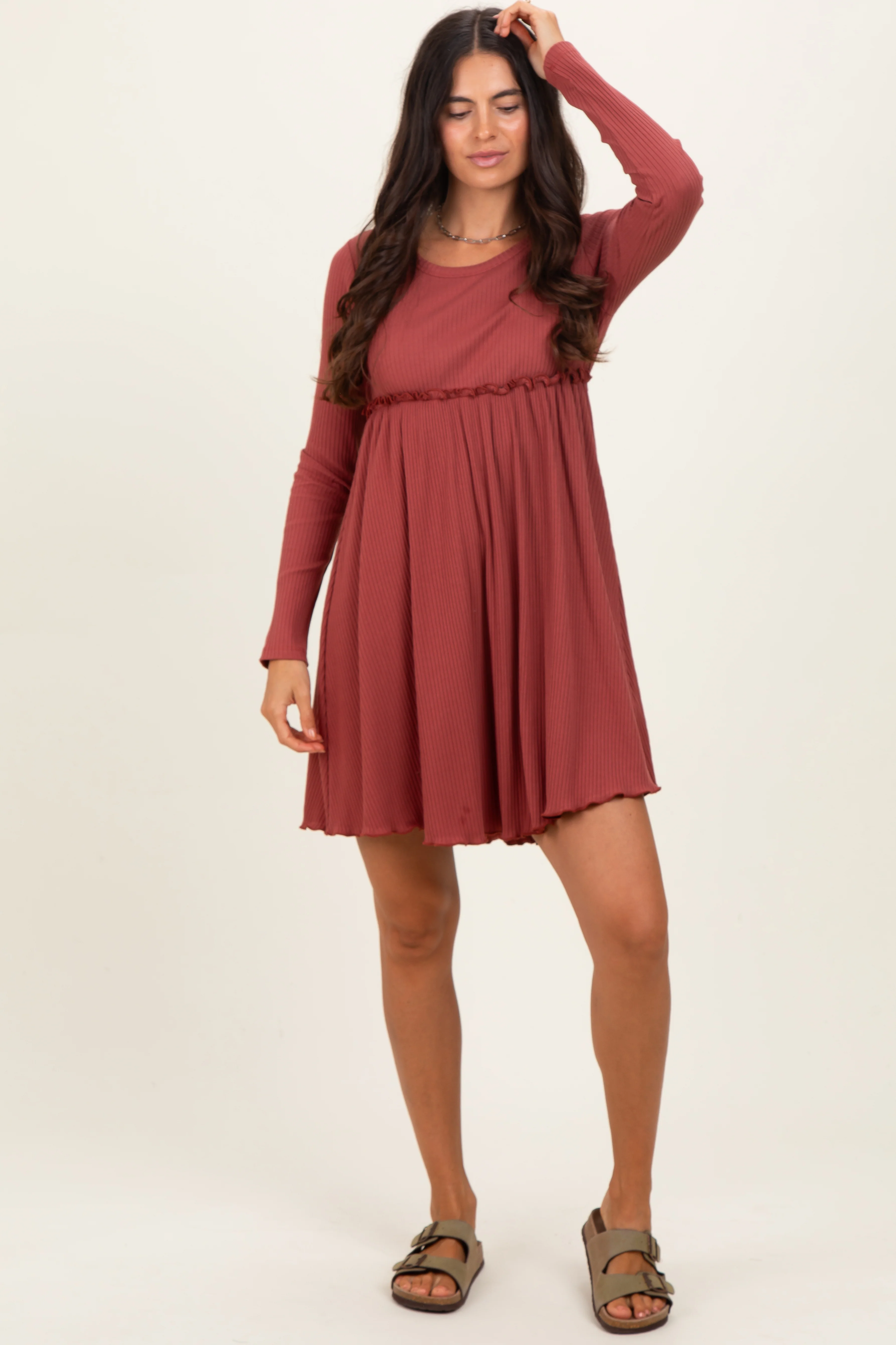 Rust Solid Ribbed Long Sleeve Crewneck Shirring Mini Dress - Image 2