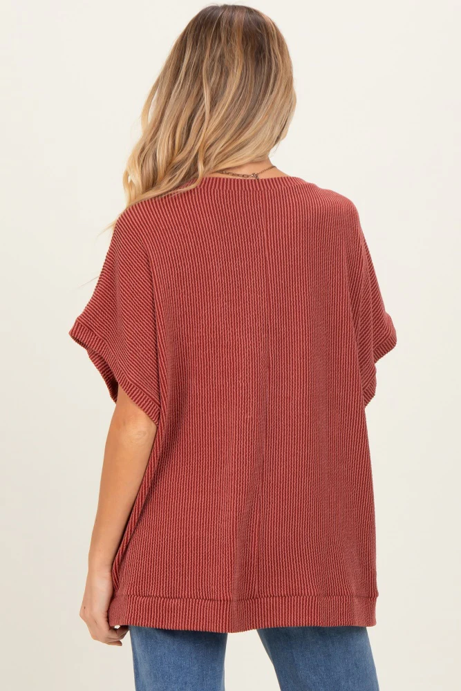 Rust Solid Ribbed Short Sleeve Oversized Maternity Tunic Top - Image 3