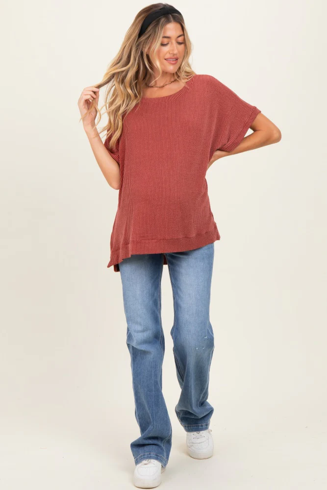 Rust Solid Ribbed Short Sleeve Oversized Maternity Tunic Top - Image 4