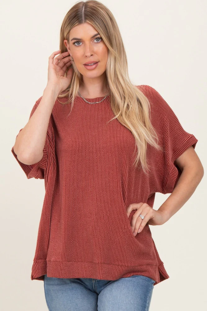 Rust Solid Ribbed Short Sleeve Oversized Maternity Tunic Top - Image 5