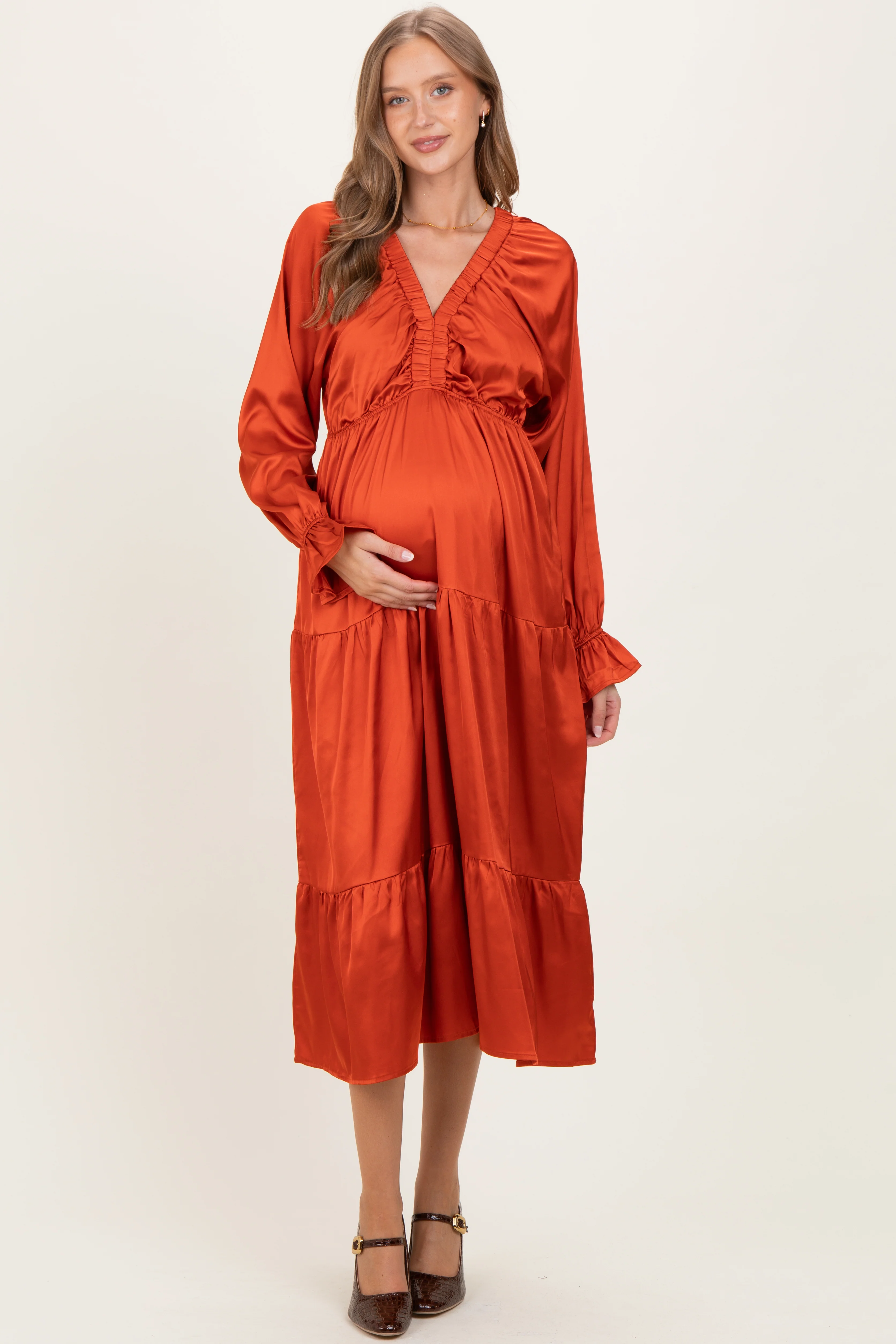 Rust Solid V-Neck Satin Long Sleeve Maternity Maxi Dress - Image 2