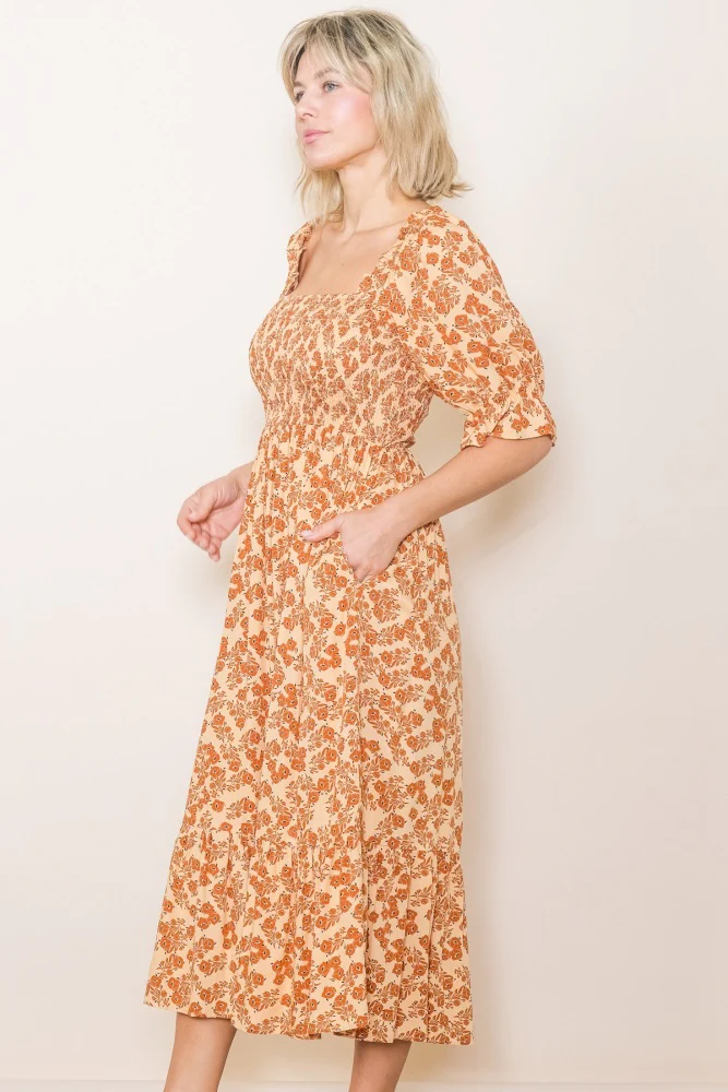 Rust Square Neck Smocked Dress - Image 2