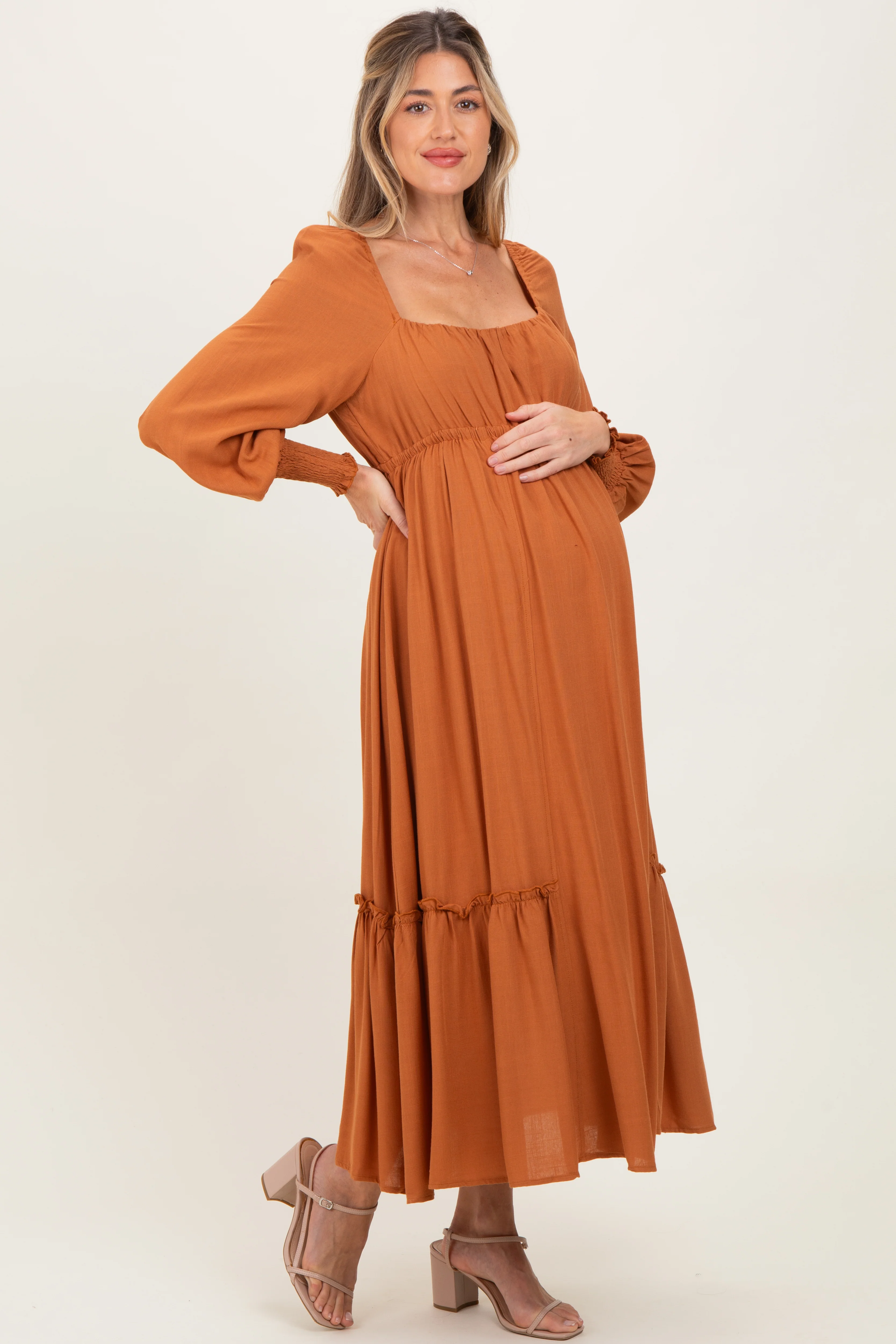 Rust Square Neckline Bubble Sleeve Maternity Maxi Dress - Image 3