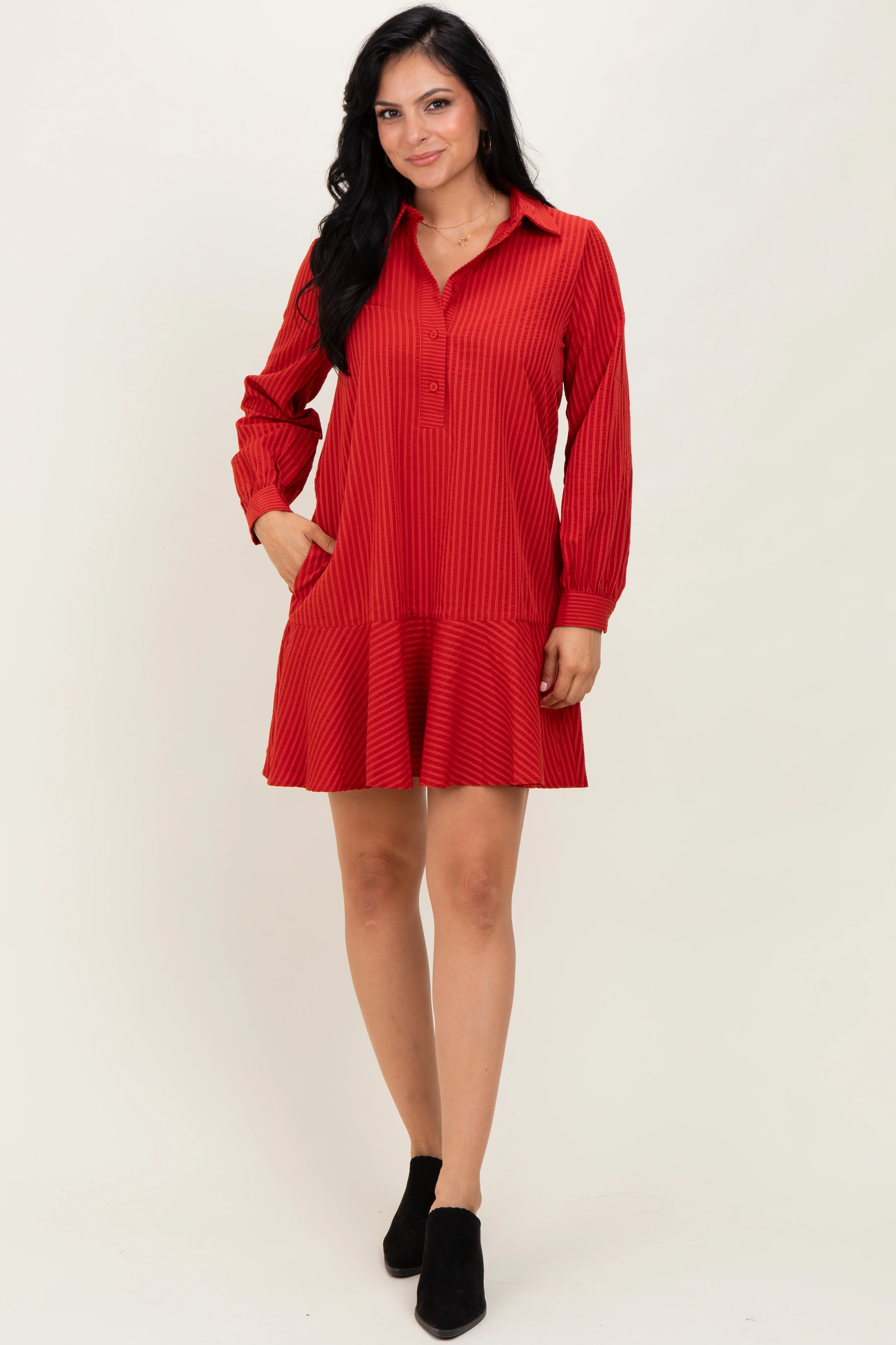 Rust Striped Long Sleeve Drop Waist Polo Dress - Image 2