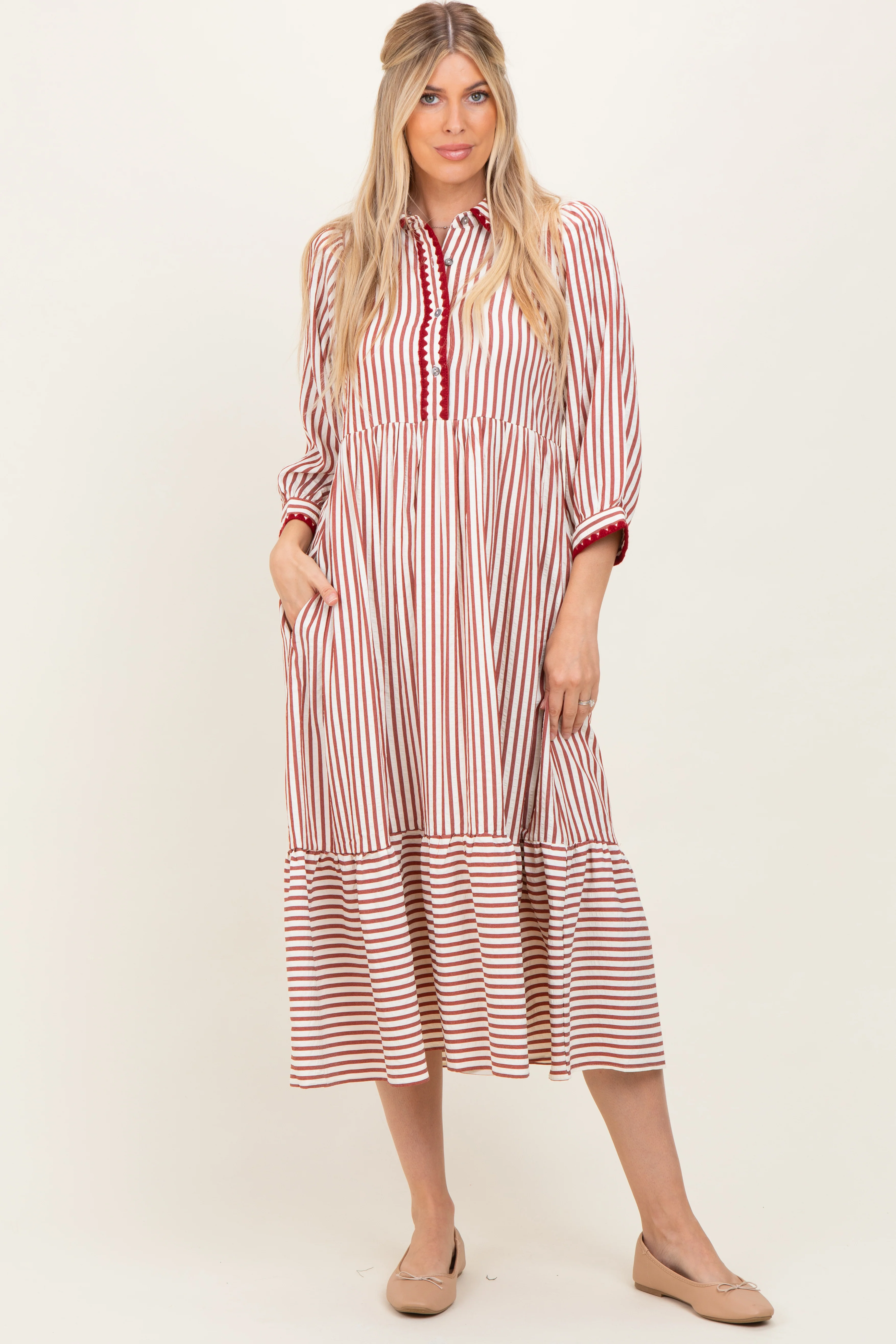 Rust Striped Scallop Trim 3/4 Sleeve Maternity Midi Dress - Image 5