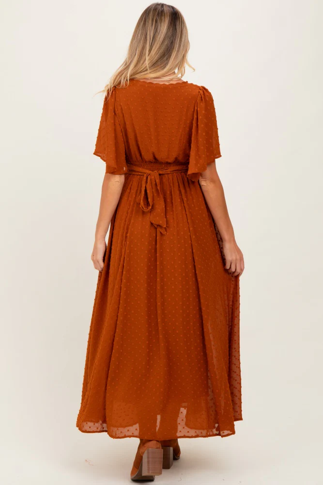 Rust Swiss Dot Crochet Lace Accent Maternity Maxi Dress - Image 4