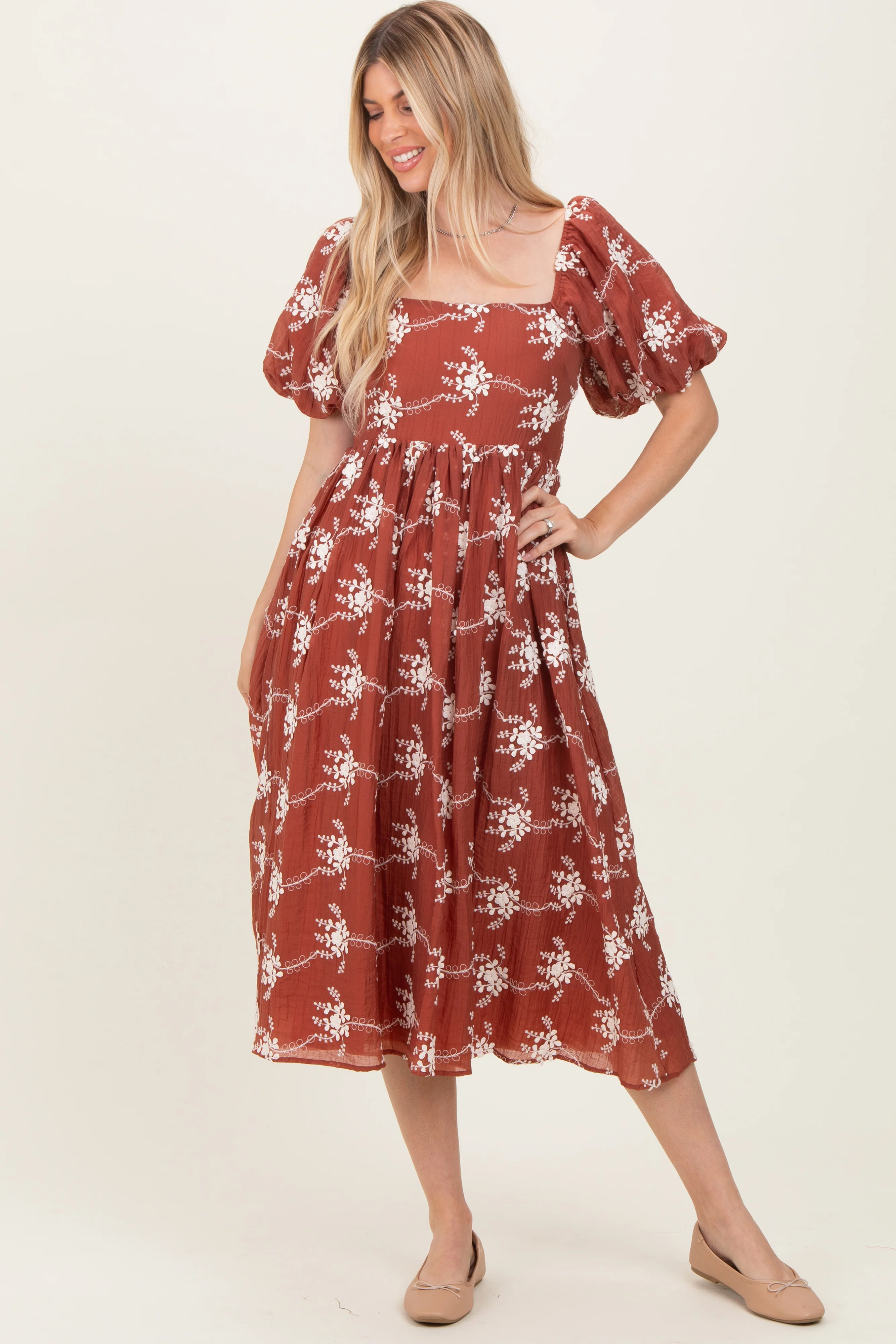 Rust Textured Midi Dress