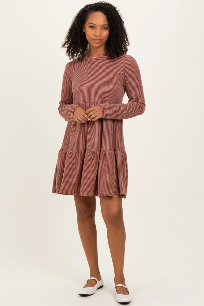 Rust Textured Rib Tiered Long Sleeve Maternity Dress - Image 4