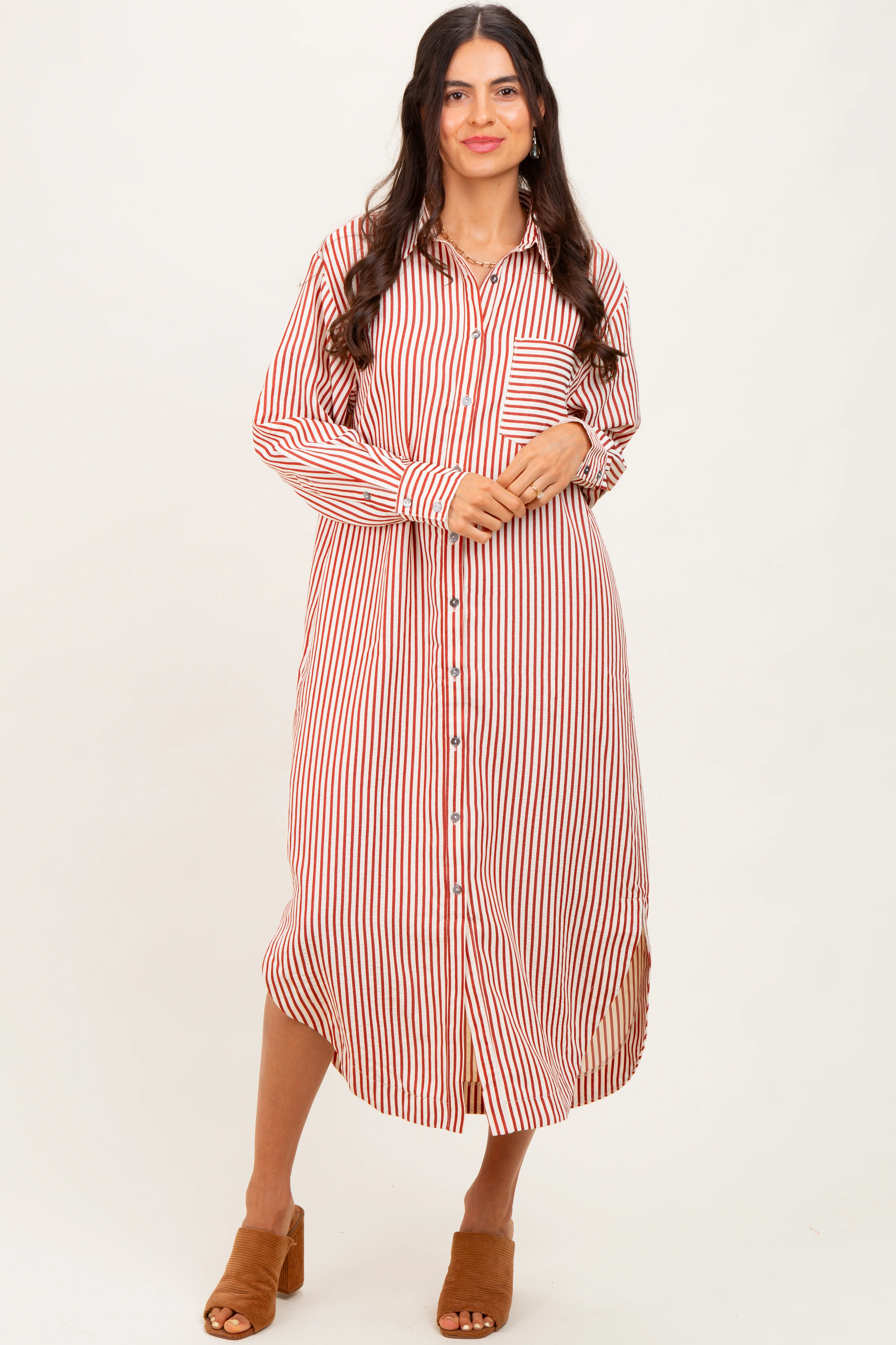 Rust Textured Stripe Button Down Maternity Shirt Dress - Image 4
