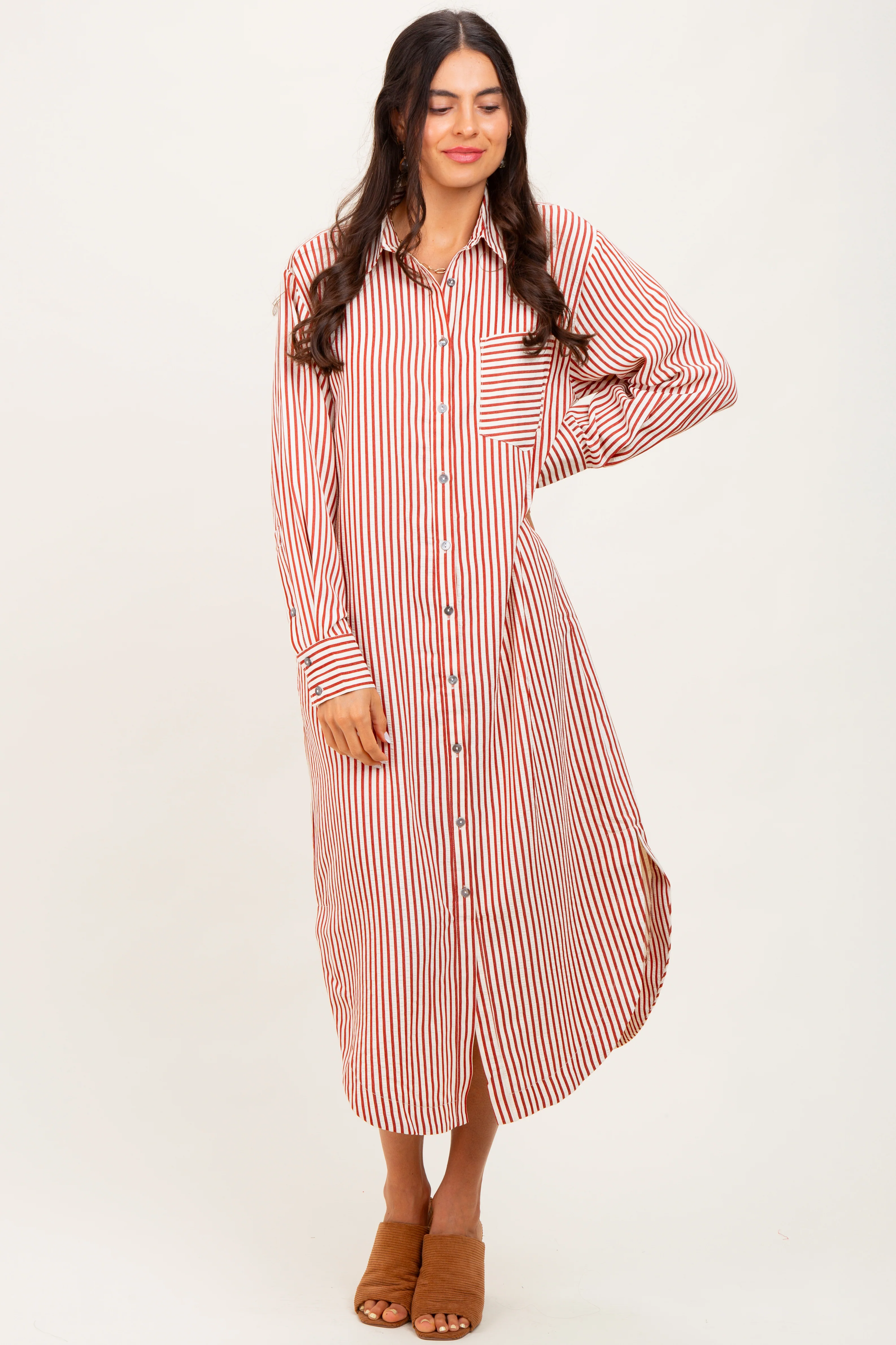 Rust Textured Stripe Button Down Shirt Dress - Image 2