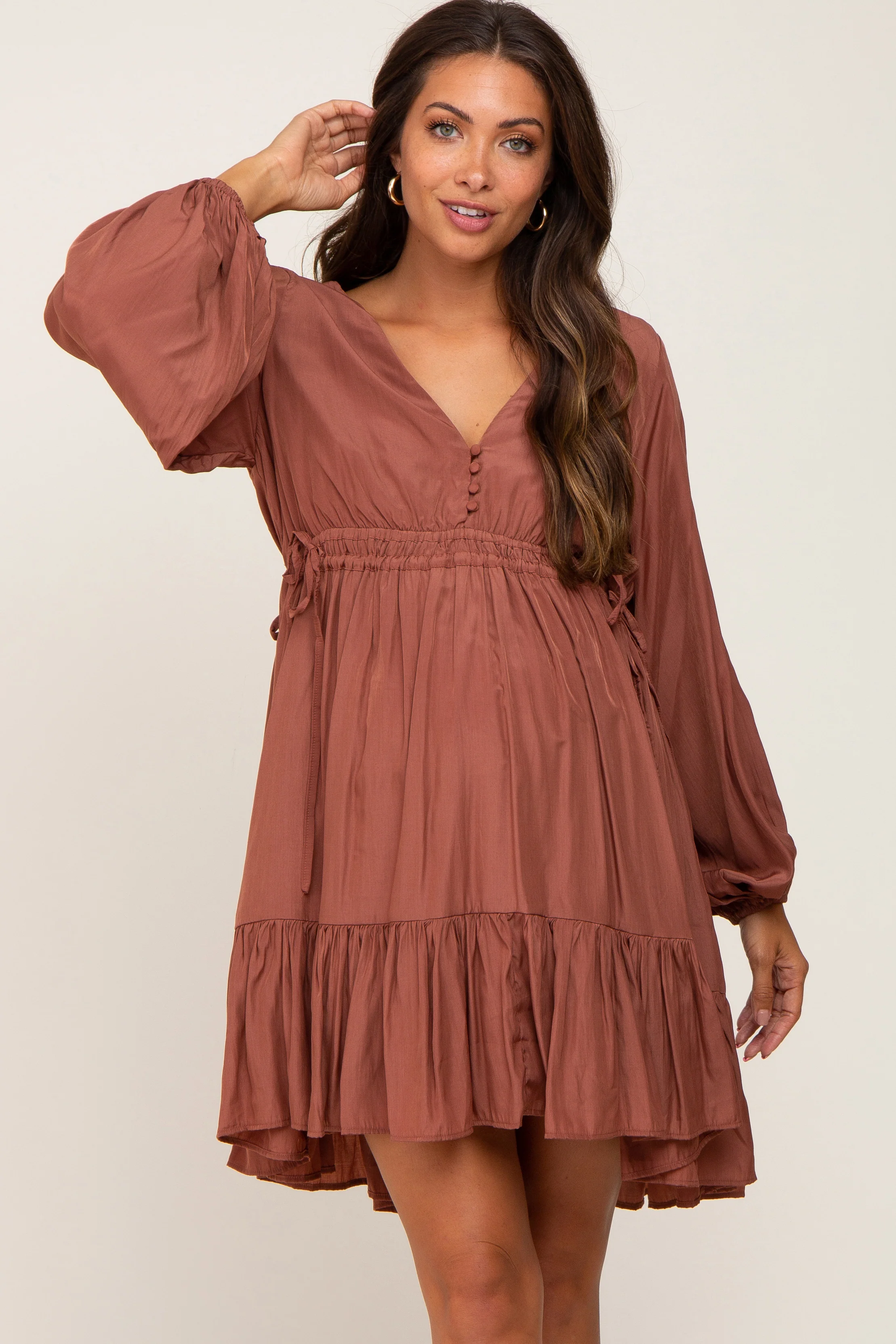 Rust V-Neck Cinched Maternity Dress - Image 2