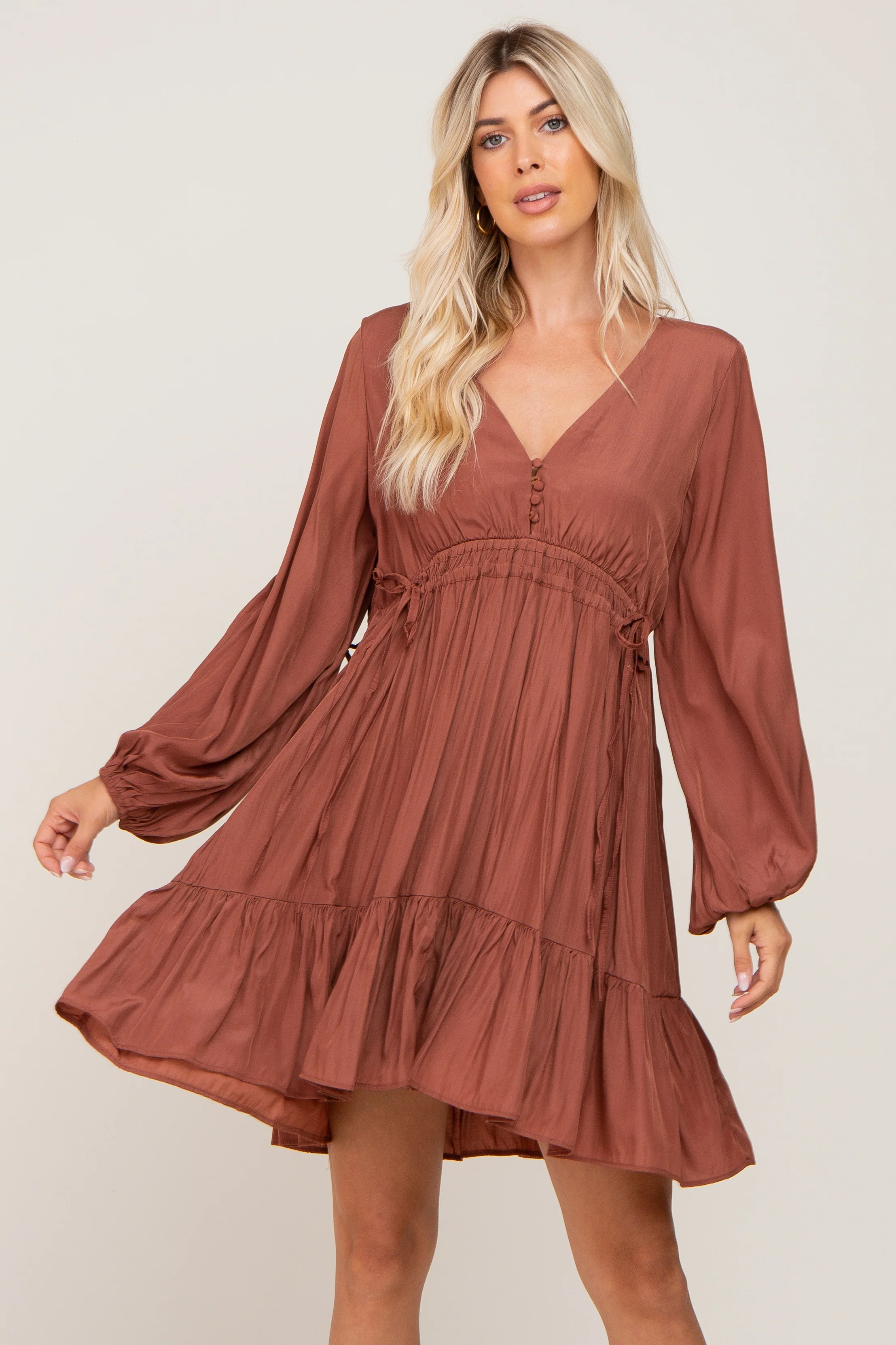 Rust V-Neck Cinched Maternity Dress - Image 5