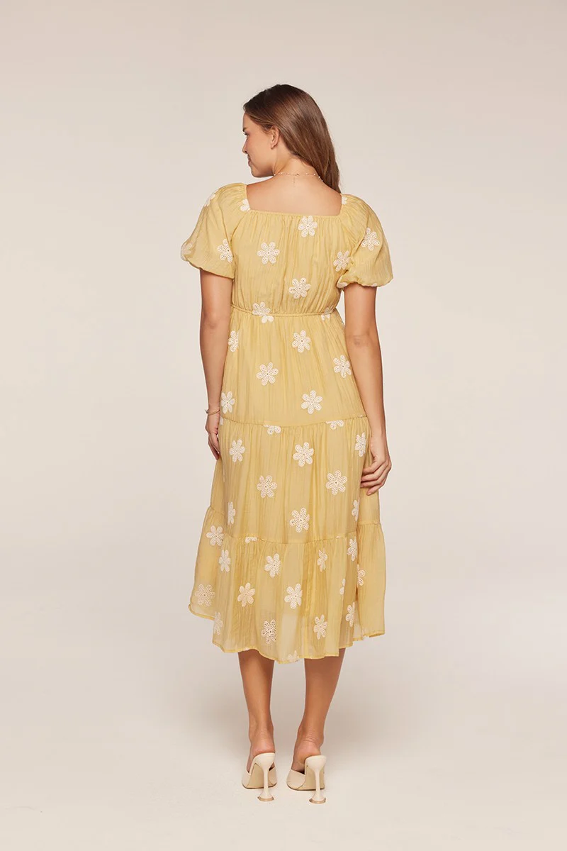 Saffron Yellow Embroidered Floral Tiered Midi Dress - Image 3