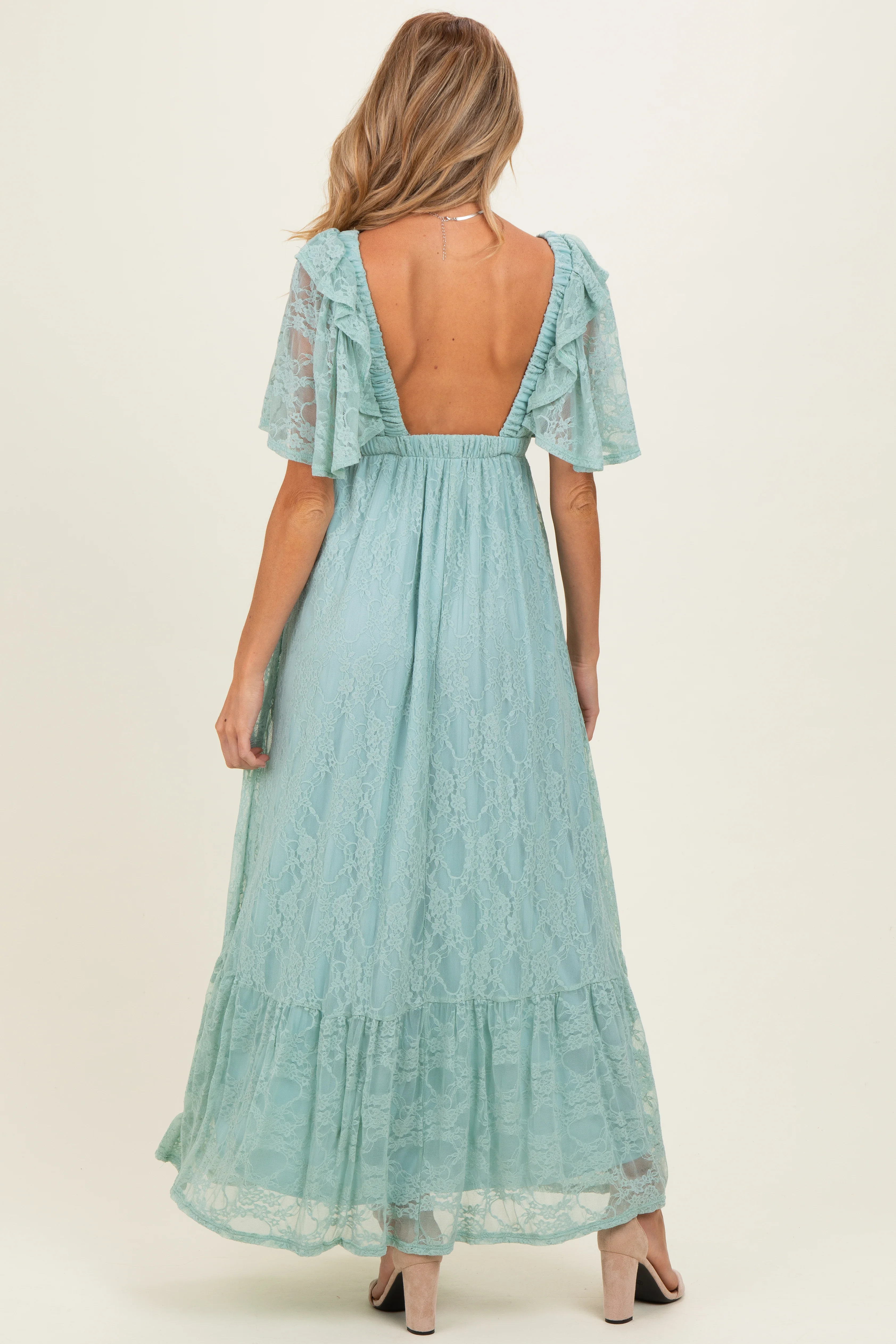 Sage Aqua Lace Flutter Sleeve Tiered Maternity Maxi Dress - Image 3