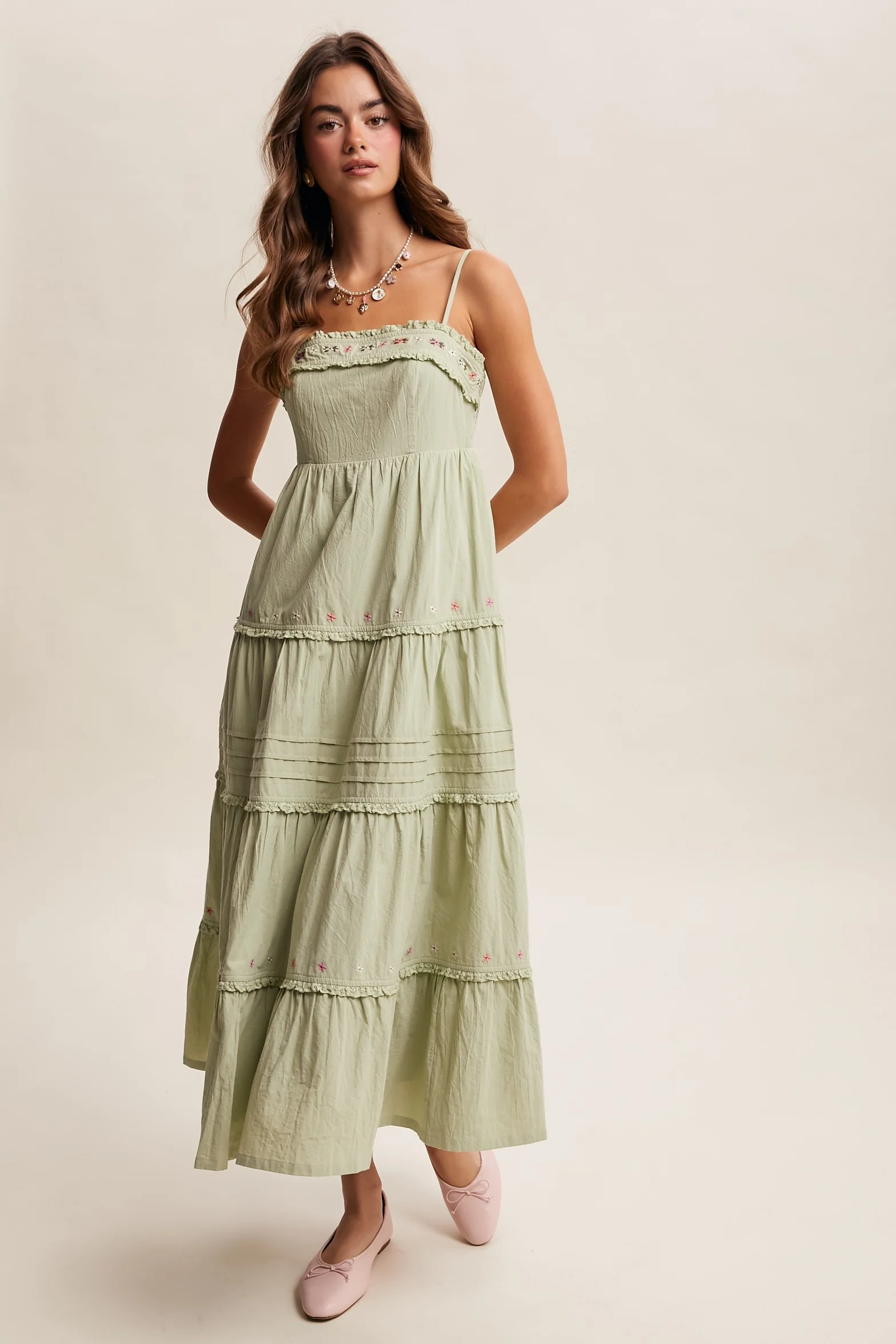 Sage Embroidered Ruffle Tiered Maternity Maxi Dress - Image 5