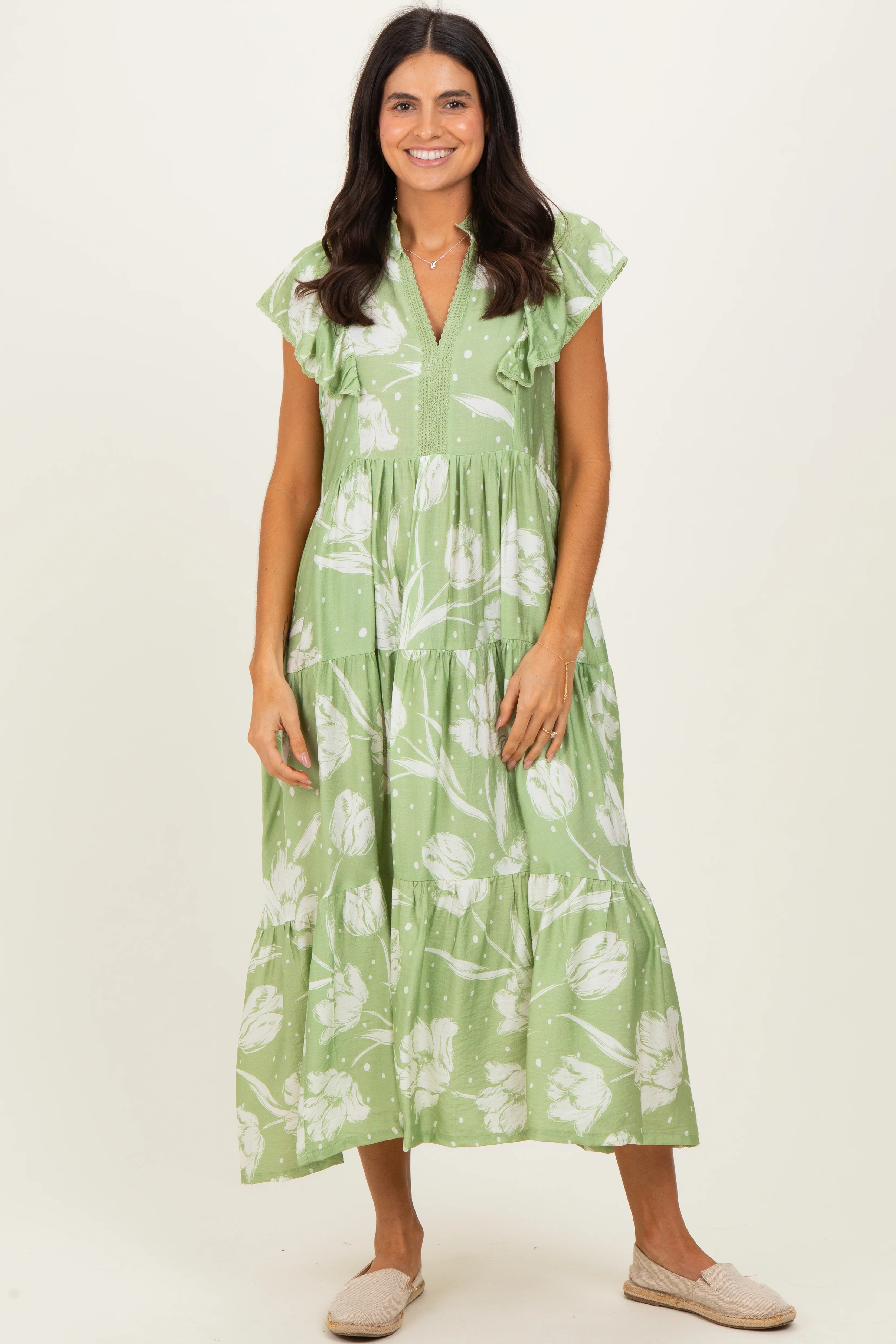 Sage Floral Crochet Lace Accent Maternity Midi Dress - Image 5