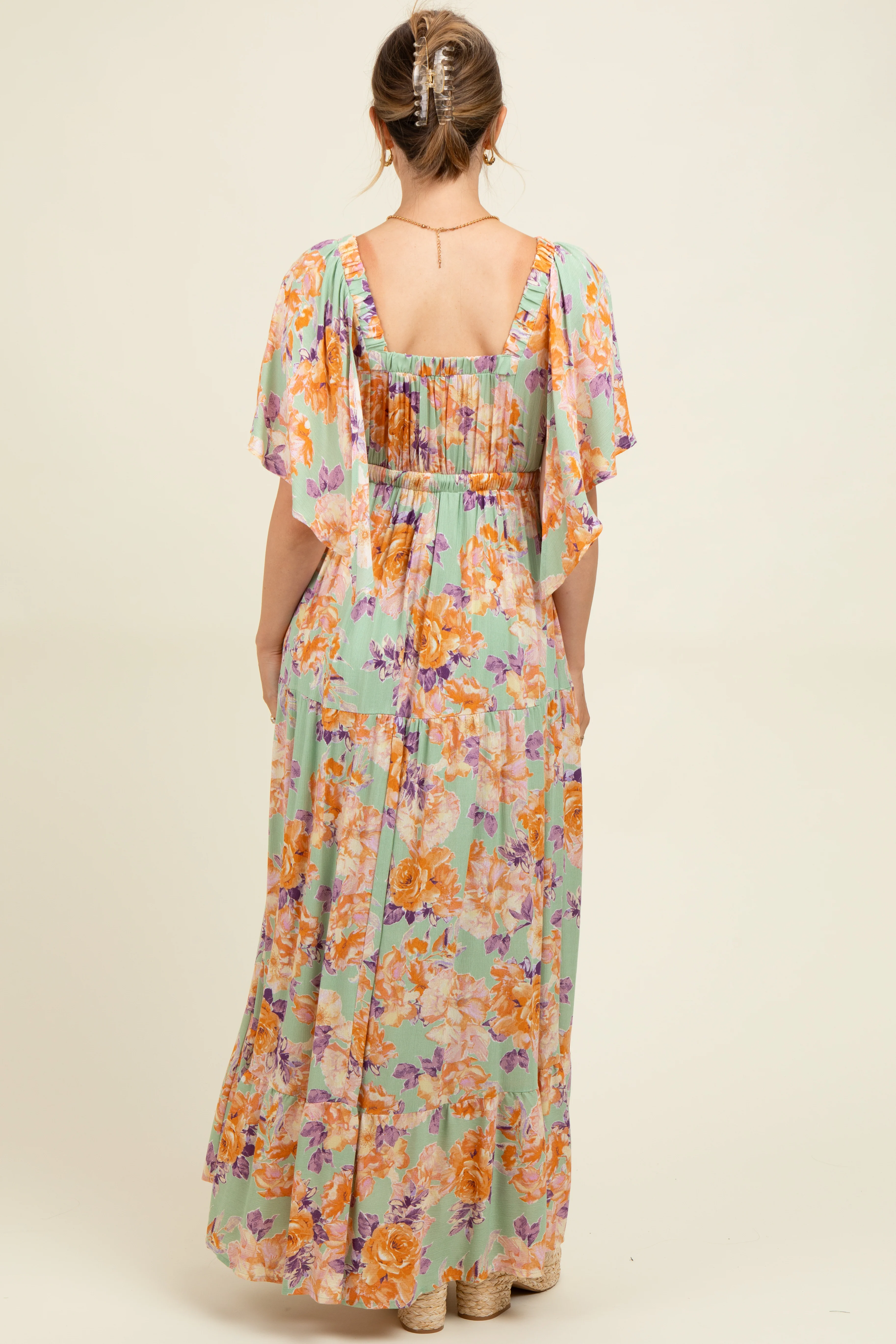 Sage Floral Flyway Sleeve V-Neck Tiered Maternity Maxi Dress - Image 4