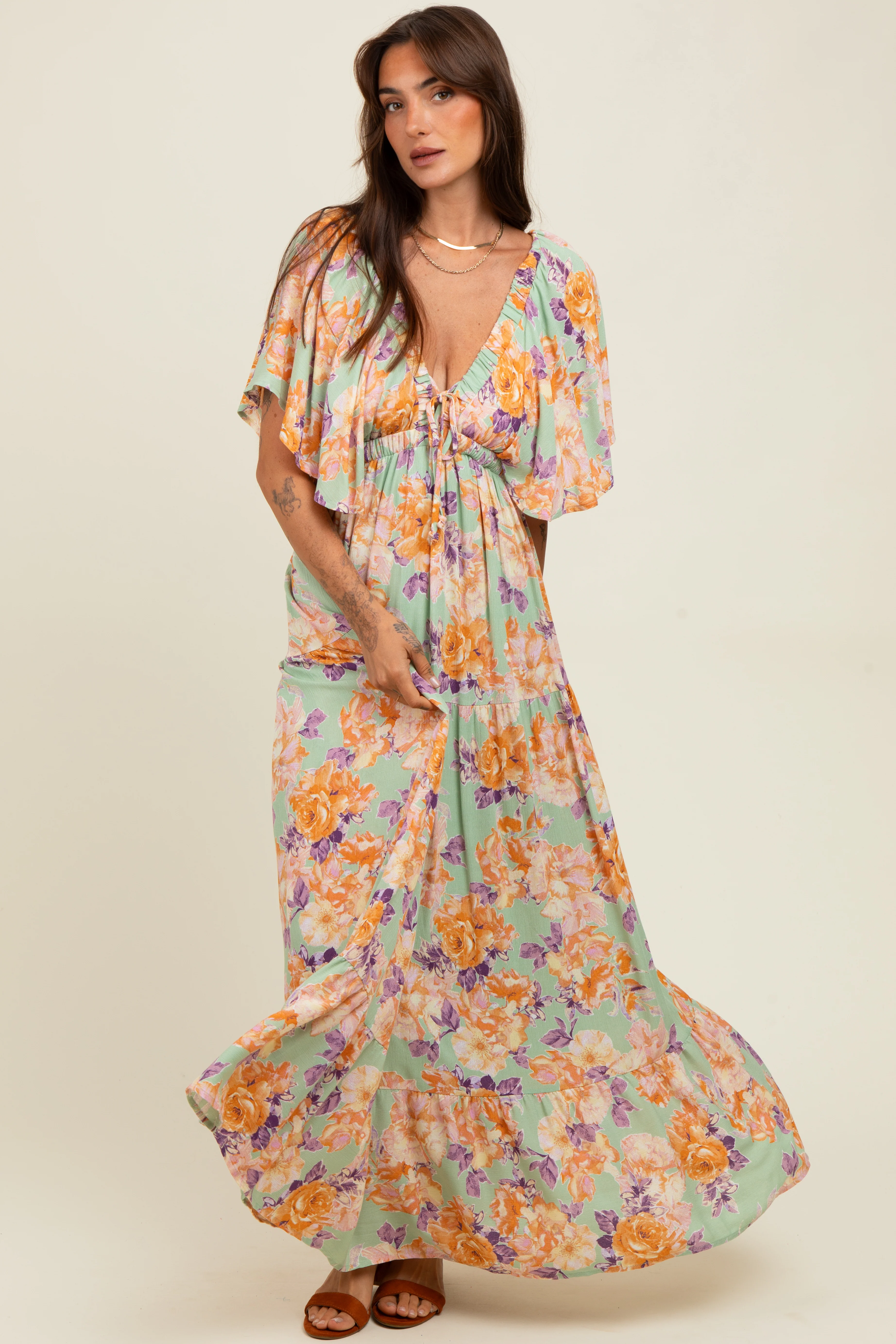 Sage Floral Flyway Sleeve V-Neck Tiered Maternity Maxi Dress - Image 5