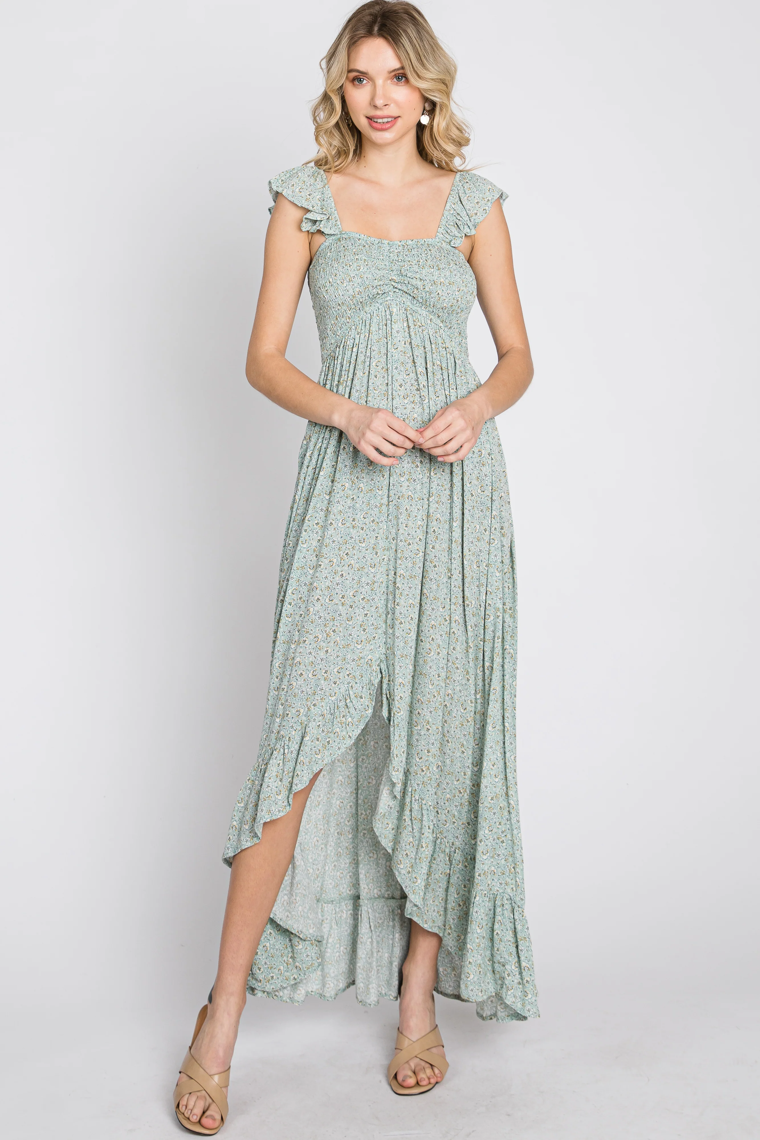 Sage Floral Smocked Hi-Low Maternity Maxi Dress - Image 8